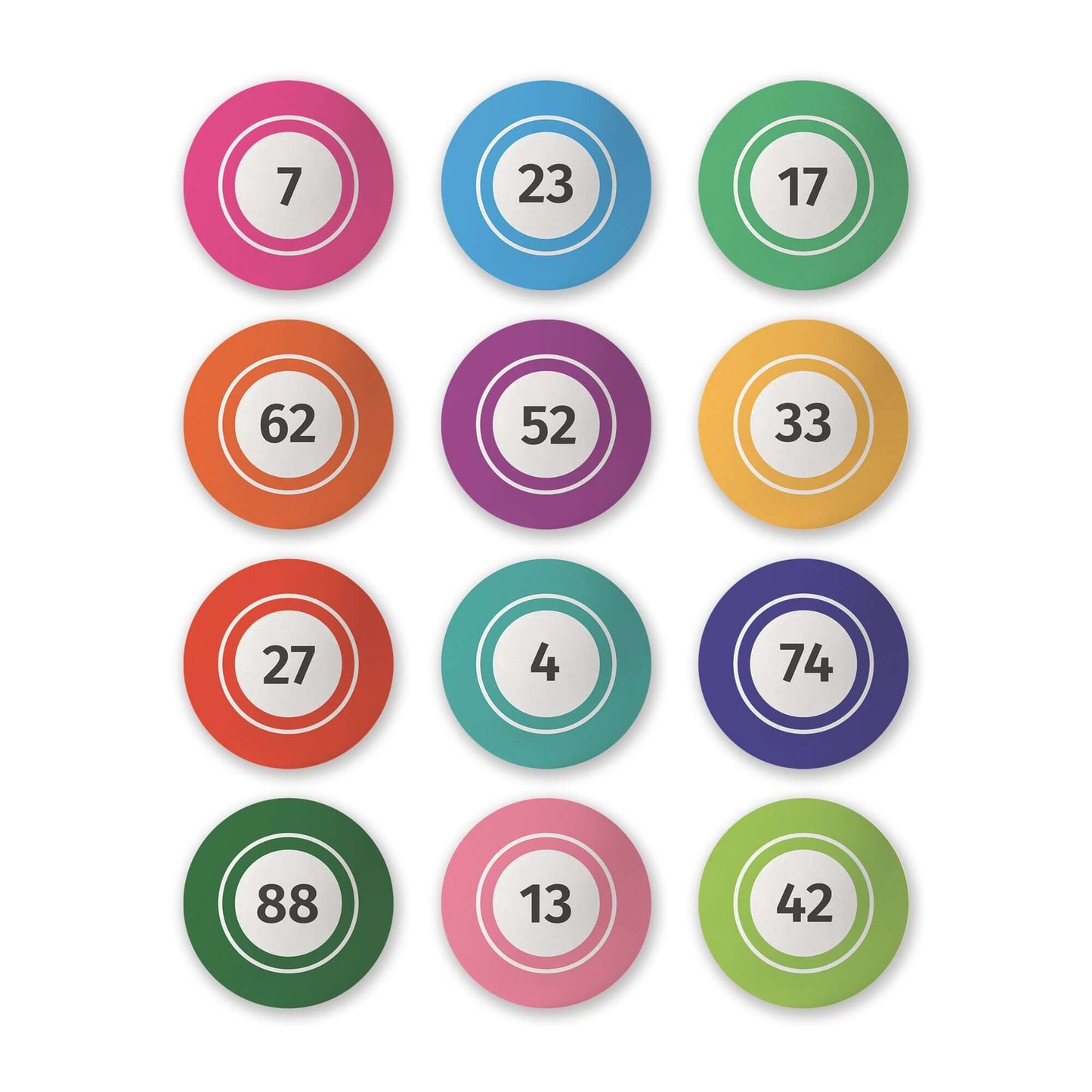 Edible wafer Bingo balls in various colors and numbers for cake decorations and cupcake toppers.