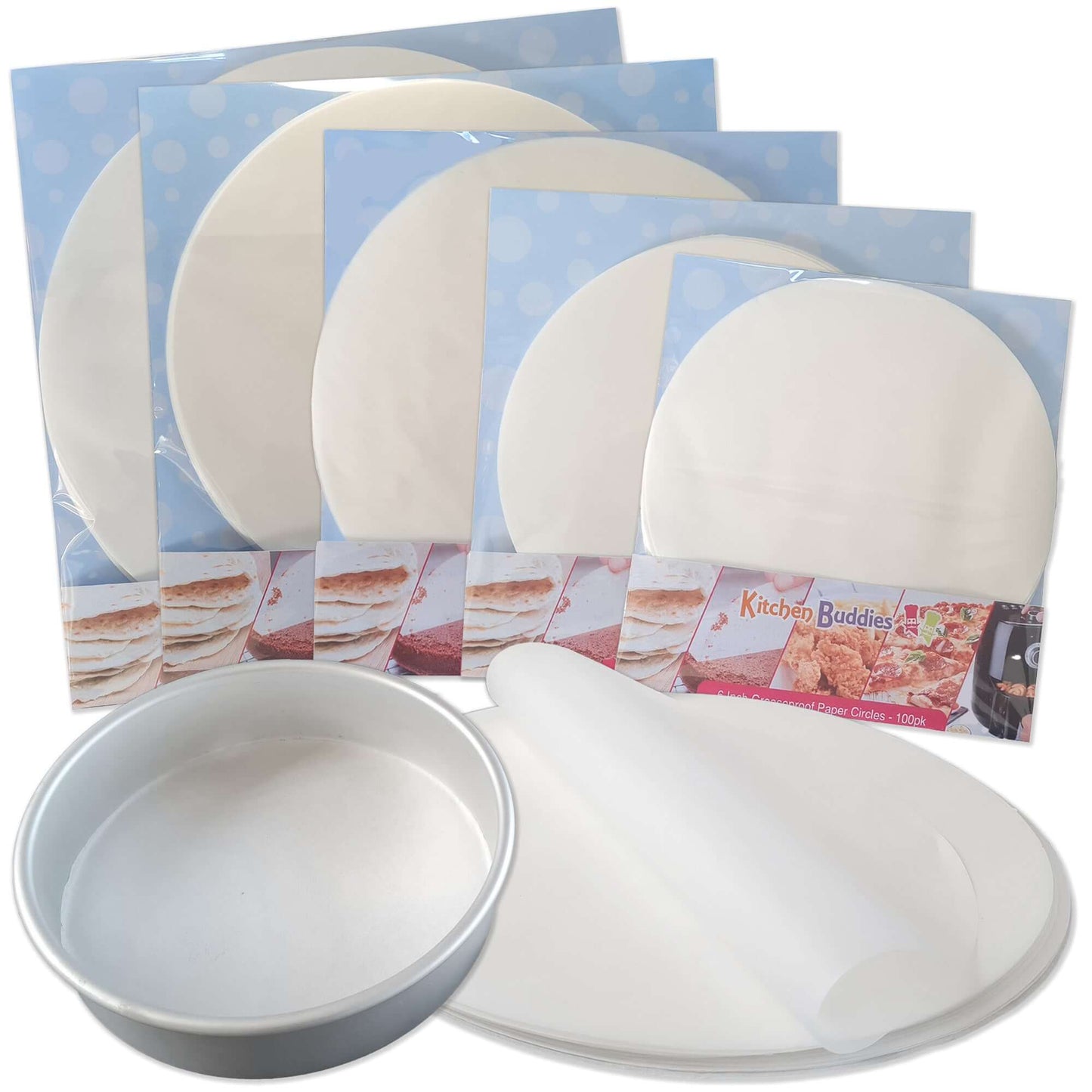 Greaseproof parchment circles and round baking paper liners in assorted sizes for easy cake baking and cooking.