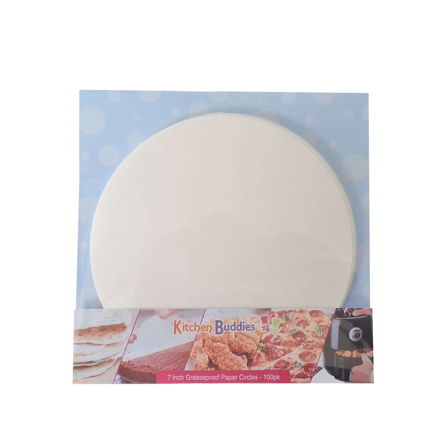 7 inch greaseproof parchment circles in packaging for baking, ideal for cake and dessert preparation.