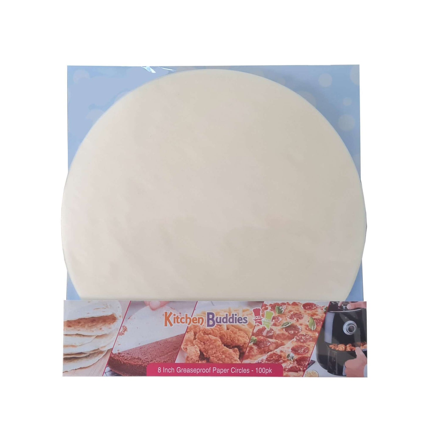 8 inch greaseproof parchment circle packaging from Kitchen Buddies, perfect for baking and cooking, 100 pieces in a pack.