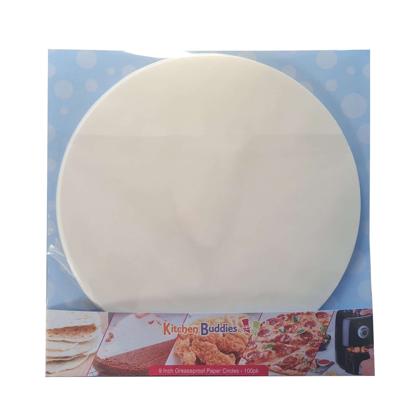 9-inch greaseproof parchment circles in packaging, perfect for baking and cooking, kitchen essentials.