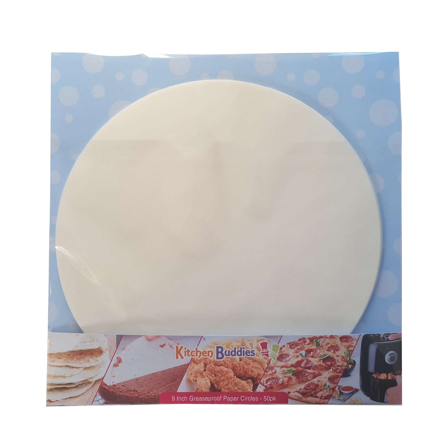 9-inch greaseproof parchment circles in packaging for baking and cooking from Kitchen Buddies.