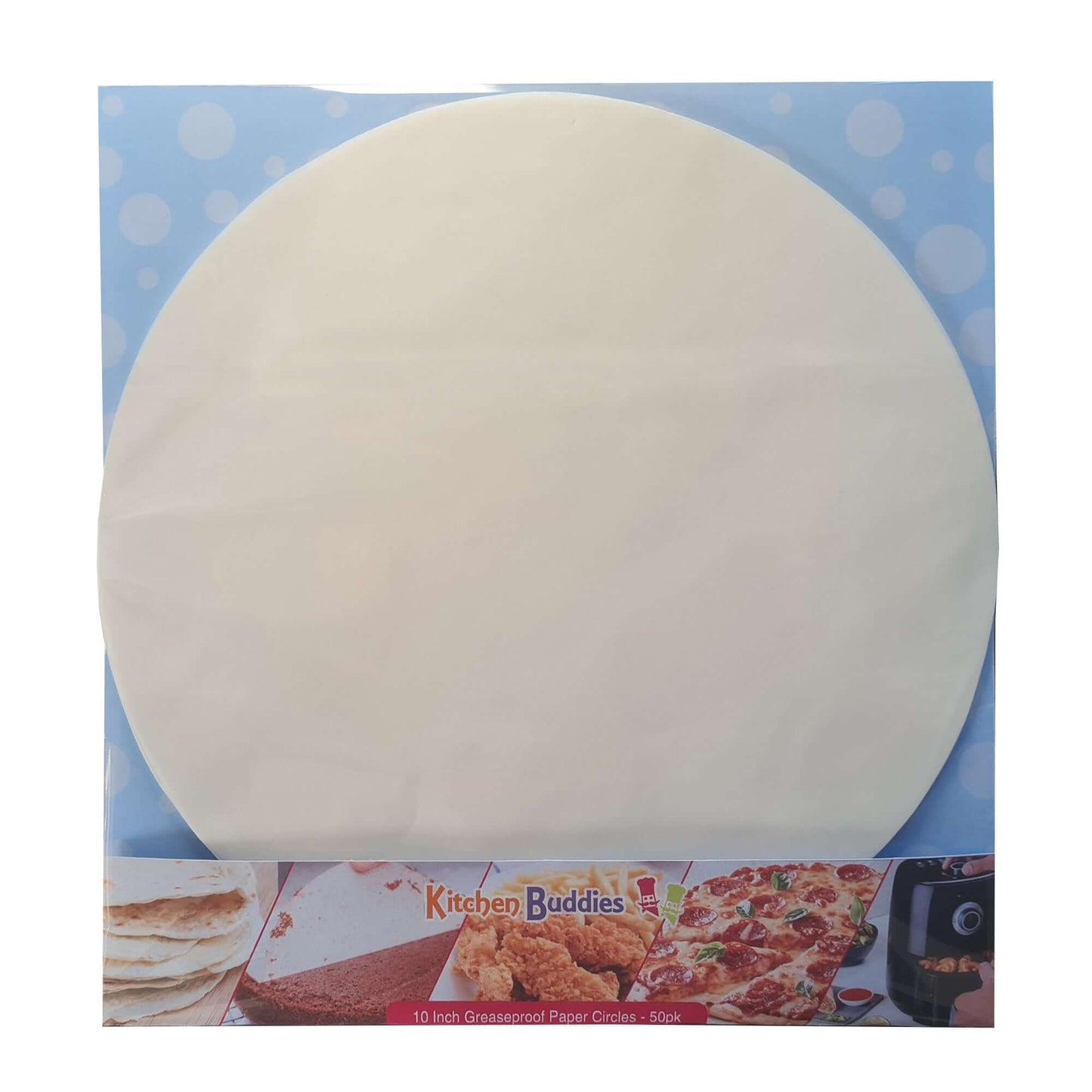 10 inch greaseproof parchment paper circles in packaging, ideal for baking and cooking, non-stick and easy to use.