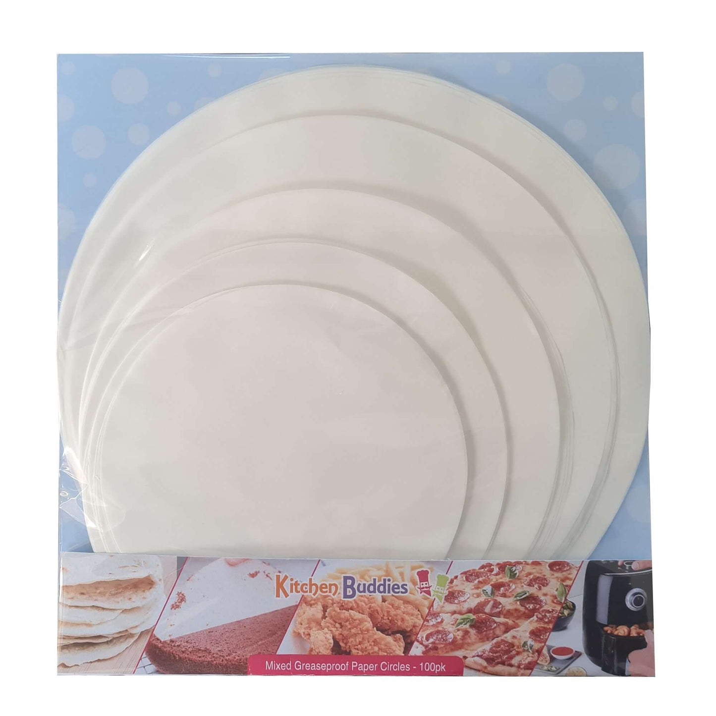 Greaseproof Parchment Circles set, mixed sizes for baking, perfect for lining cake tins and preventing sticking.