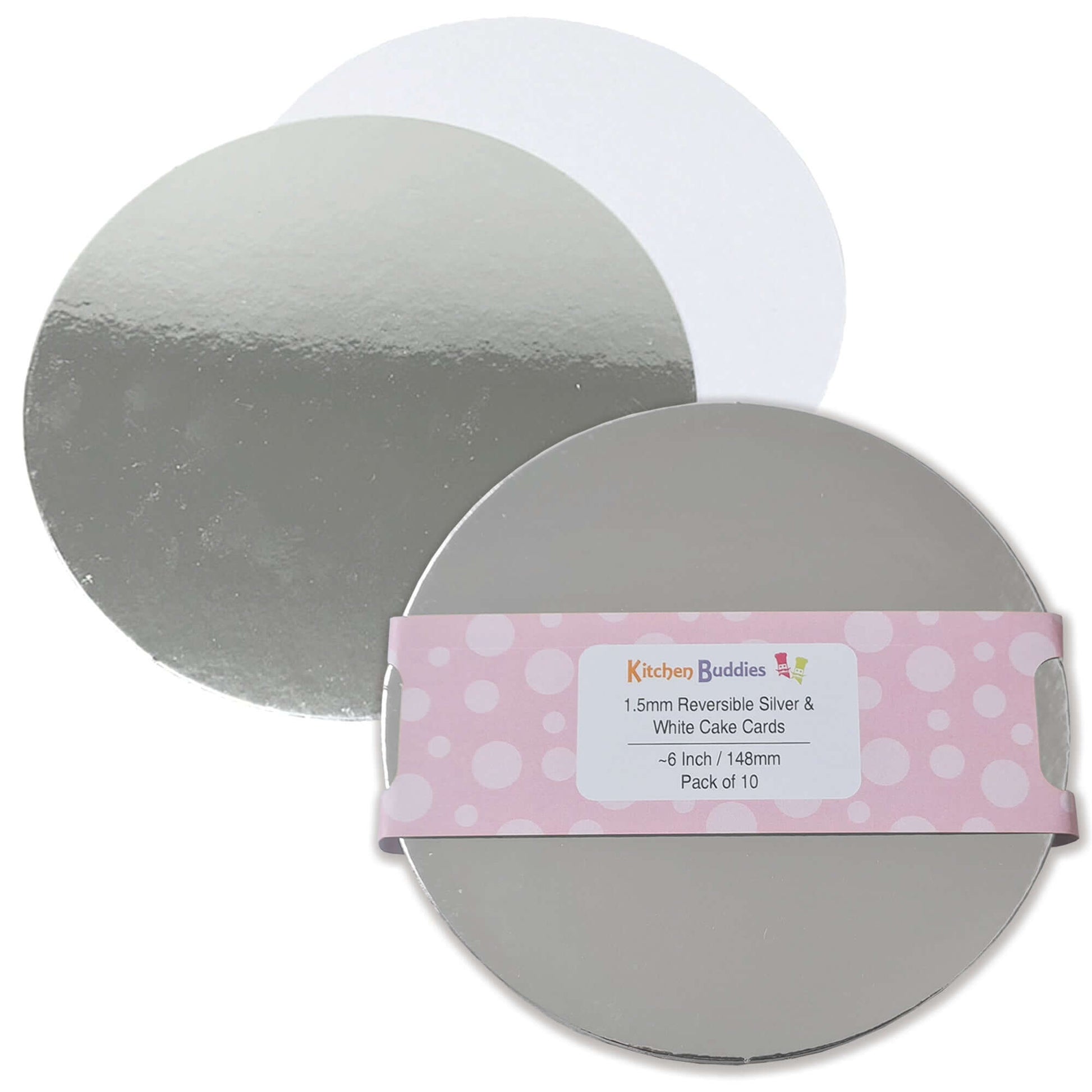 Round reversible silver and white cake cards, 1.5mm thick, perfect for presenting desserts, pack of 10.
