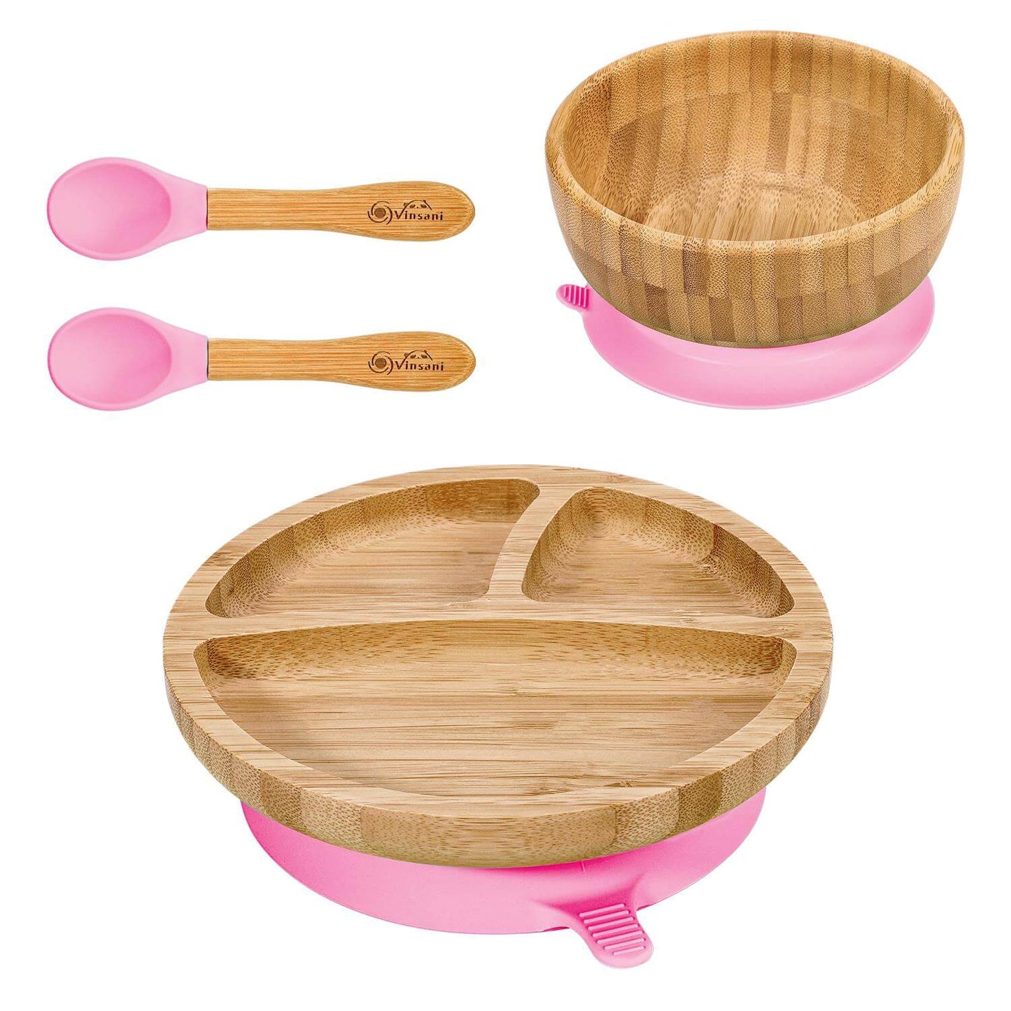 Vinsani natural bamboo kids bowl and round plate set with non-slip base and silicone spoons for easy clean and fun mealtimes.