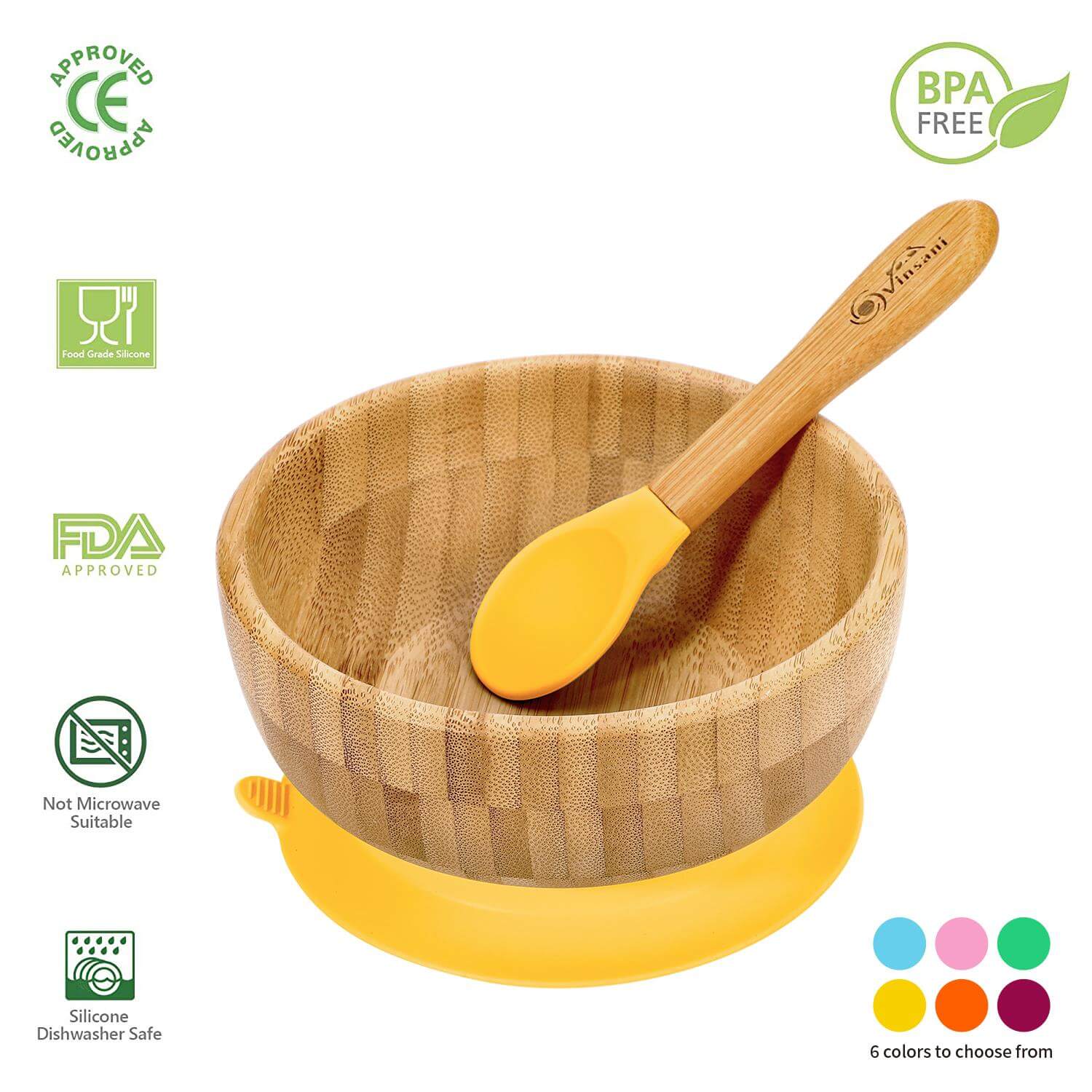 Vinsani bamboo bowl and spoon set in eco-friendly design with silicone suction base for kids' mealtimes.