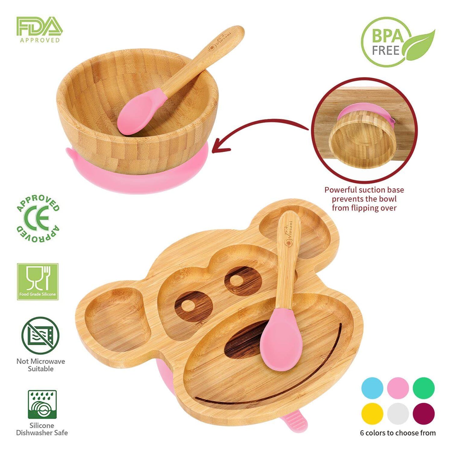 Vinsani bamboo monkey plate and bowl set with suction base, spoons, and BPA-free materials for kids' meal time.