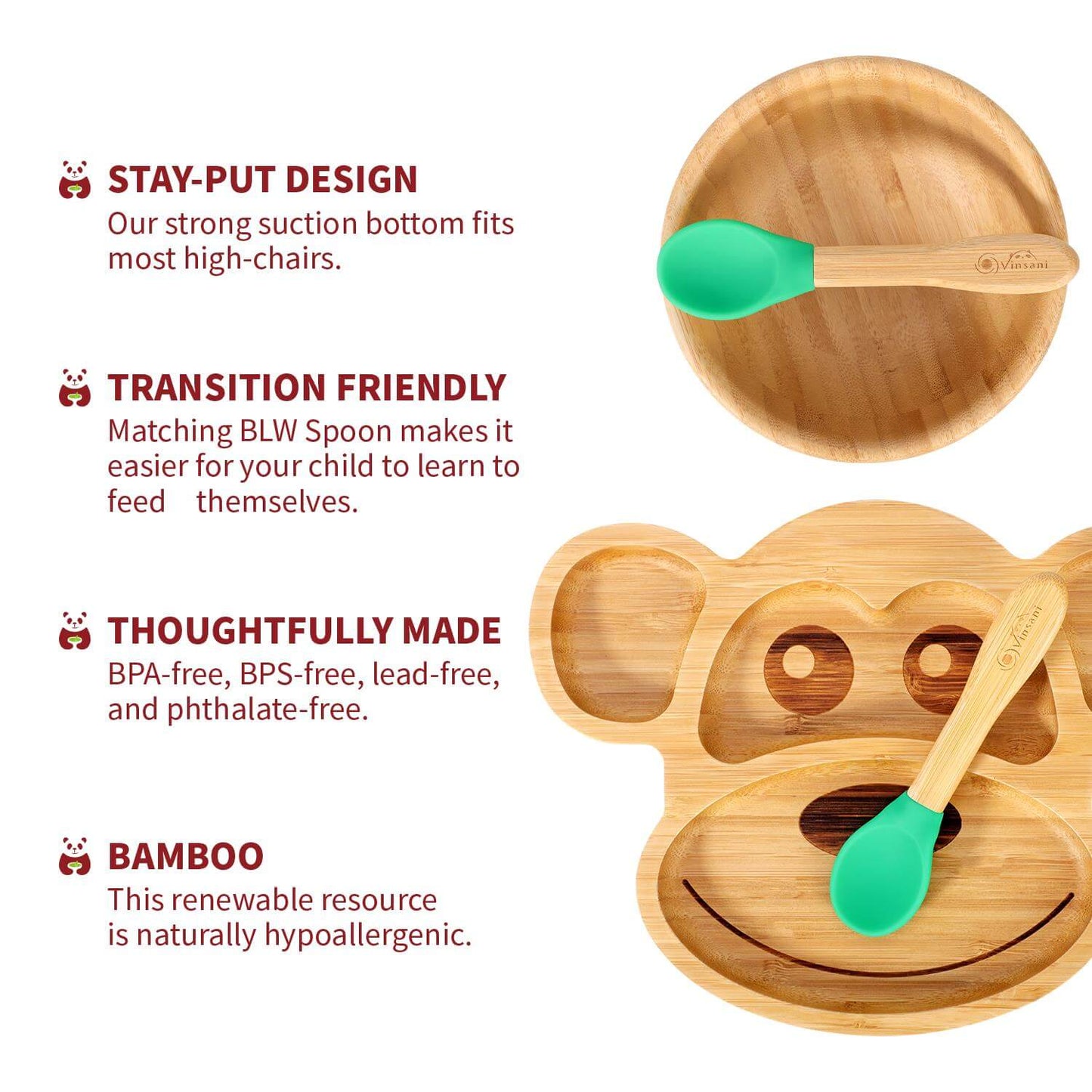 Vinsani bamboo monkey plate and bowl set with green spoon, featuring suction base for kids' meals, BPA-free and hypoallergenic.