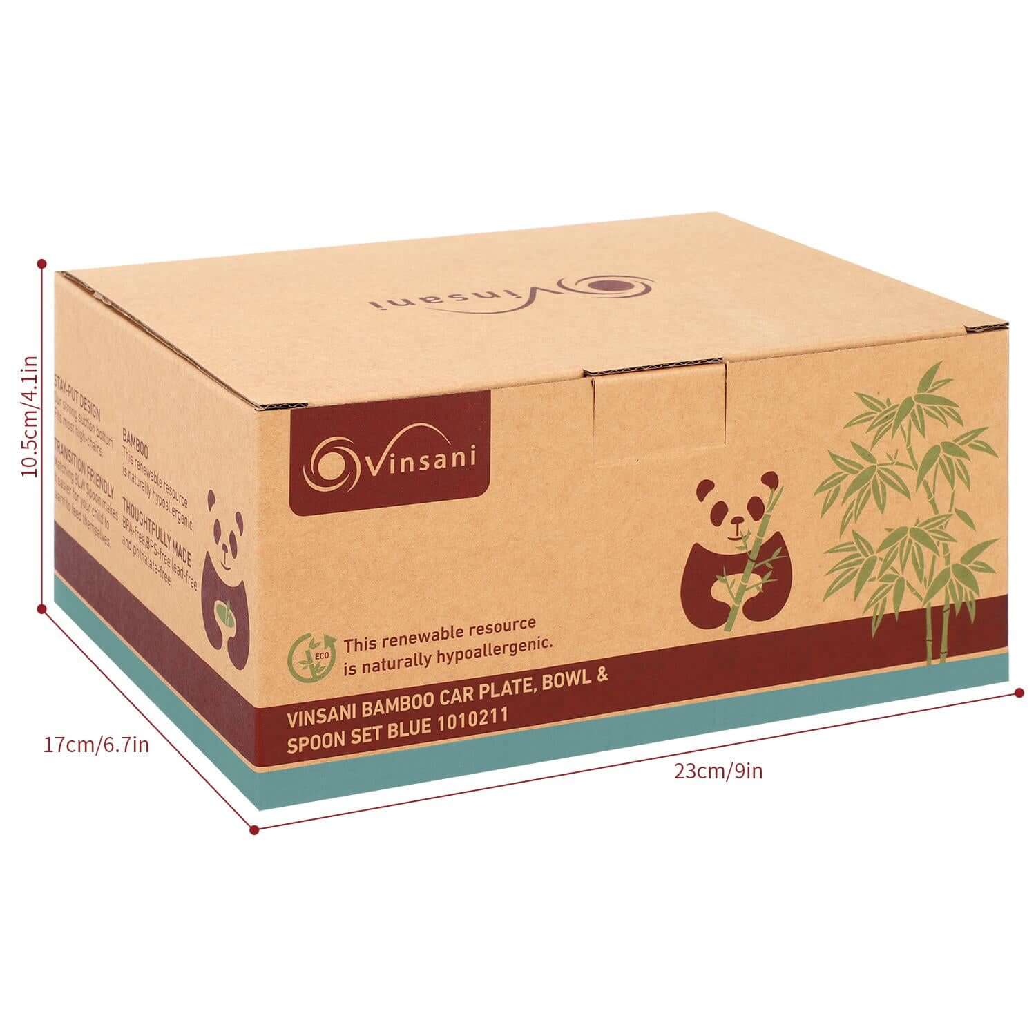 Vinsani Bamboo Car Plate, Bowl & Spoon set packaging, featuring eco-friendly design and dimensions for kids.