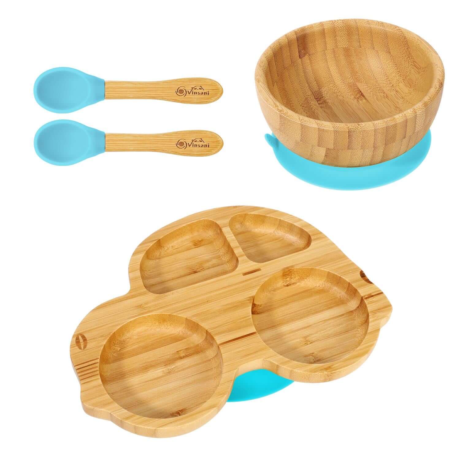 Vinsani natural bamboo plate, bowl, and spoons set for kids; non-slip base and easy clean, perfect for toddlers' mealtime.