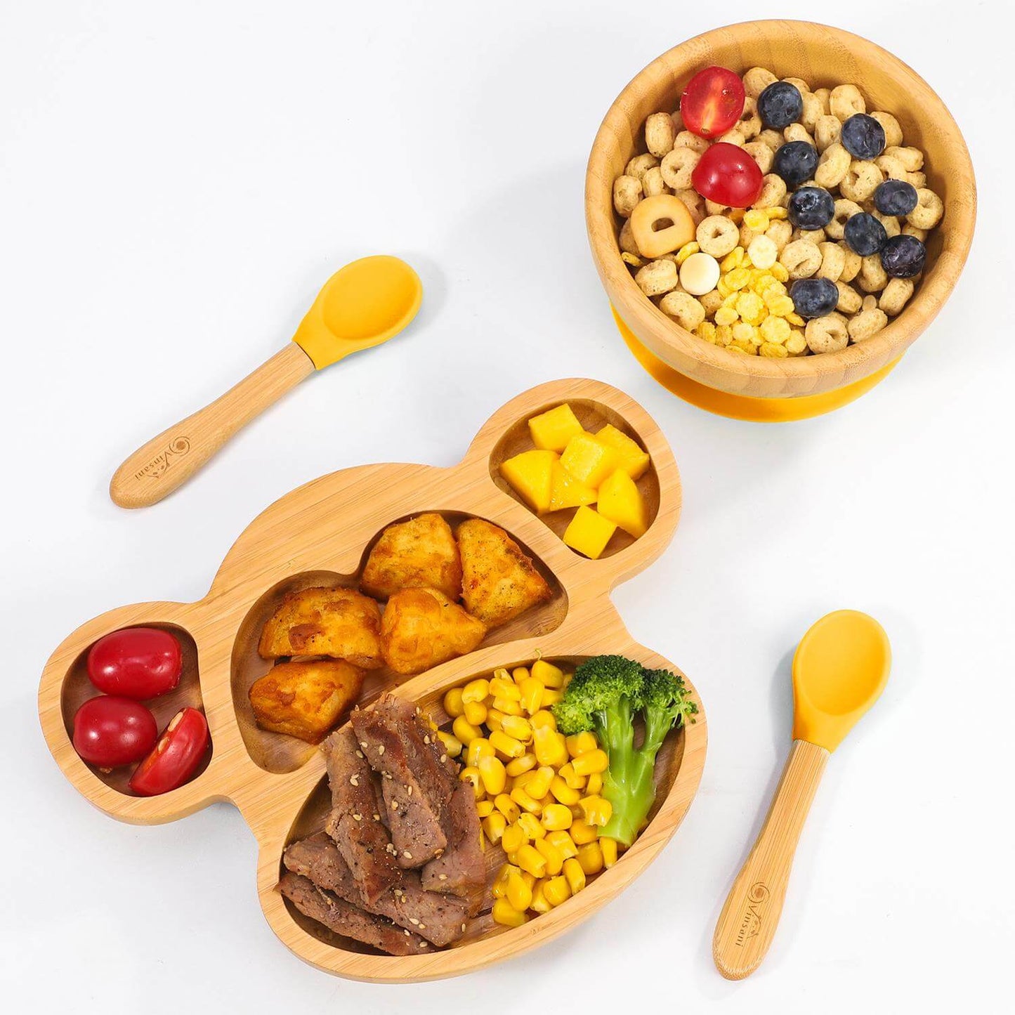 Vinsani natural bamboo monkey plate, bowl, and spoons with colorful food, perfect for kids' mealtime. Non-slip and easy to clean.