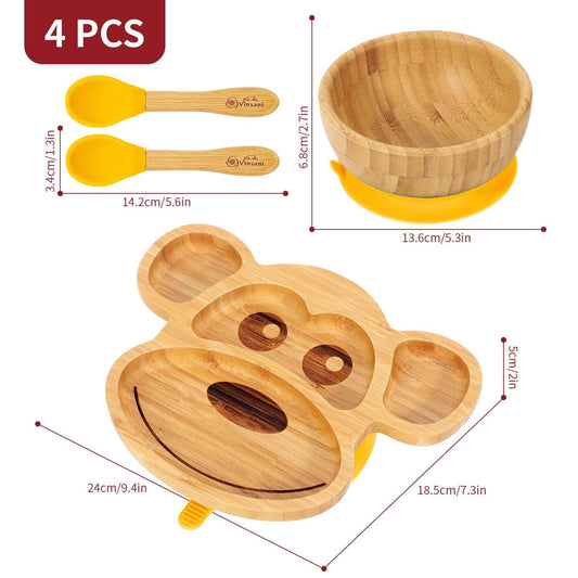 Vinsani Bamboo Monkey Plate, Bowl & Spoon Set showcasing 4-piece durable, non-slip kids dinnerware for easy cleaning and balanced meals.