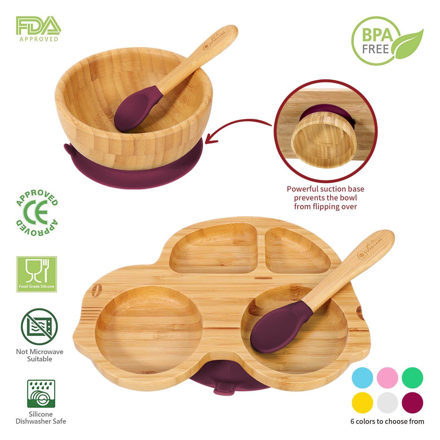 Vinsani bamboo kids plate and bowl set with suction base, two spoons, and BPA-free design for easy cleaning and fun mealtime.