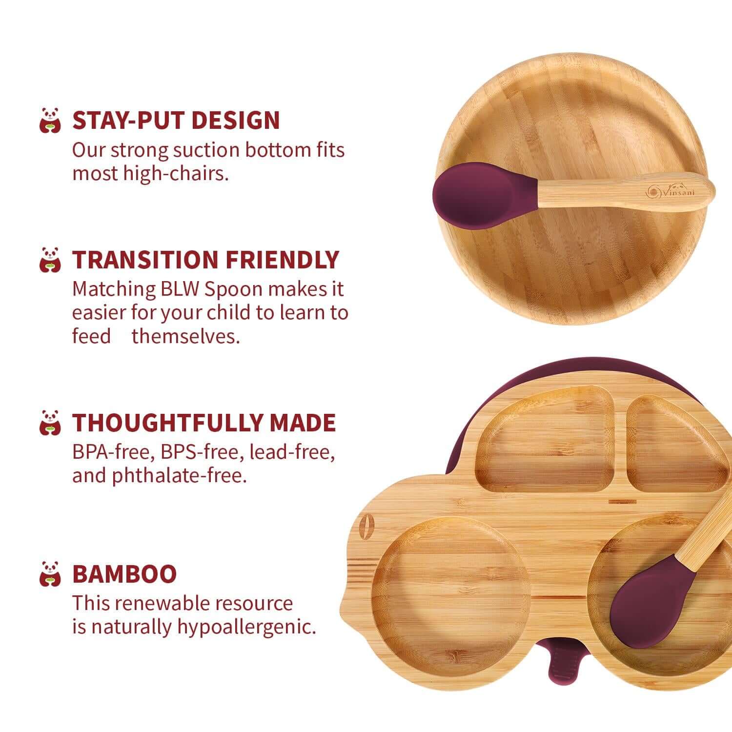 Vinsani bamboo kids plate and bowl set with suction base and matching spoon, BPA-free and hypoallergenic design.