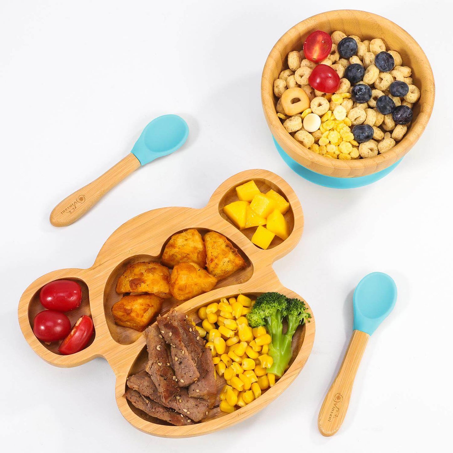 Vinsani Bamboo Monkey plate, bowl, and spoons set with healthy meals for kids, featuring a non-slip base and easy clean design.