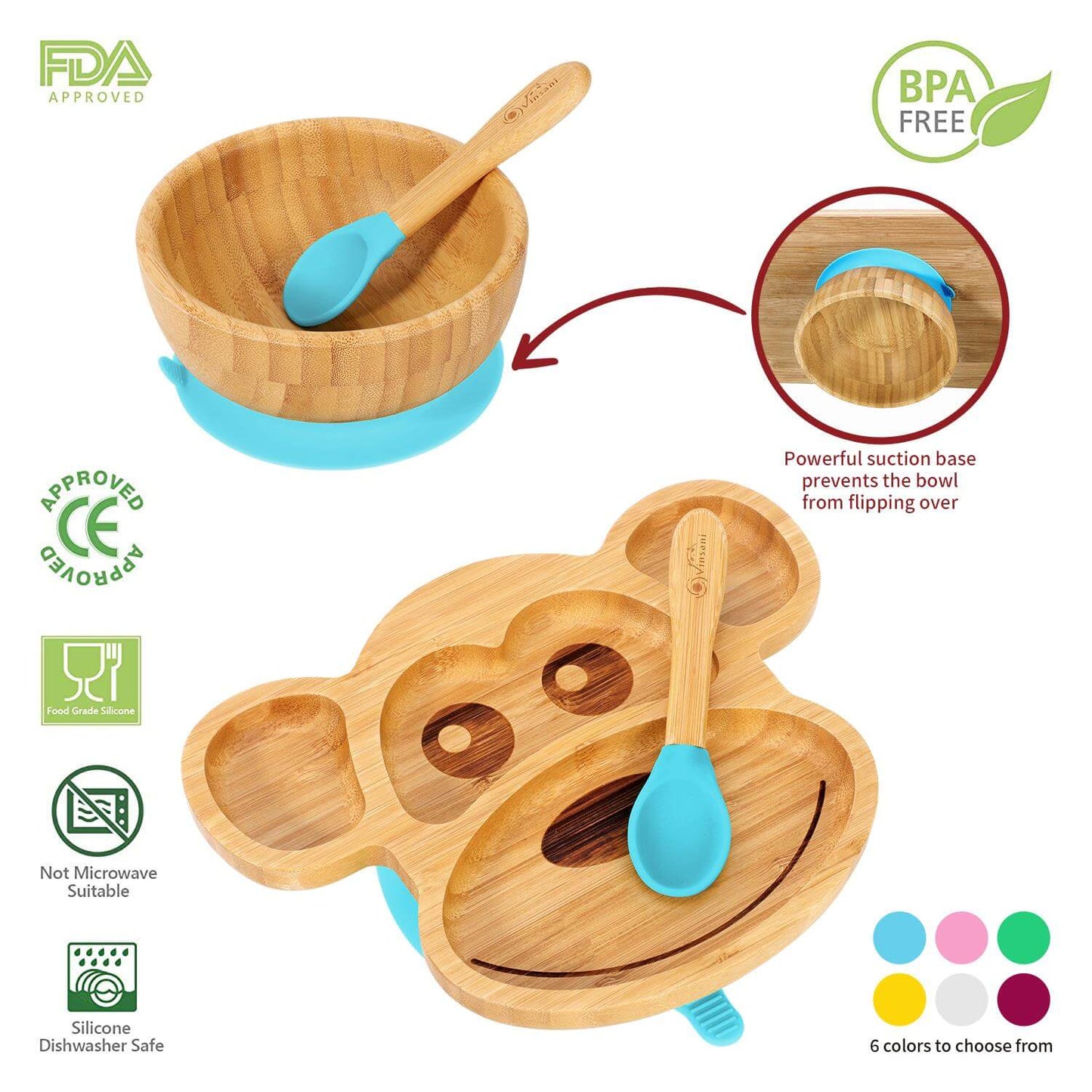 Vinsani bamboo monkey plate and bowl set with suction base, 2 spoons, and non-slip design for kids' mealtime fun.