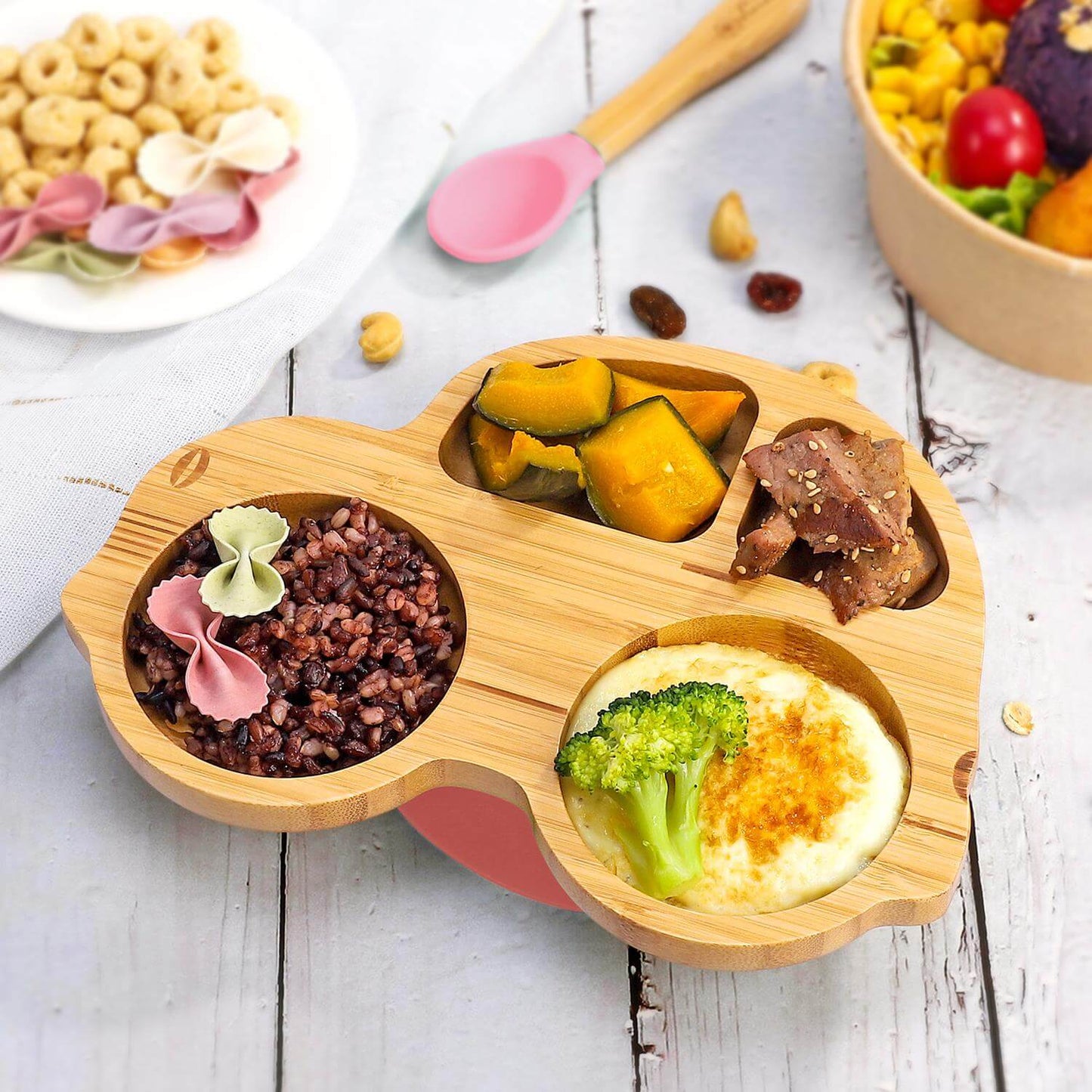 Vinsani Bamboo 4-section plate with healthy food, non-slip base, and colorful spoons for kids and toddlers.
