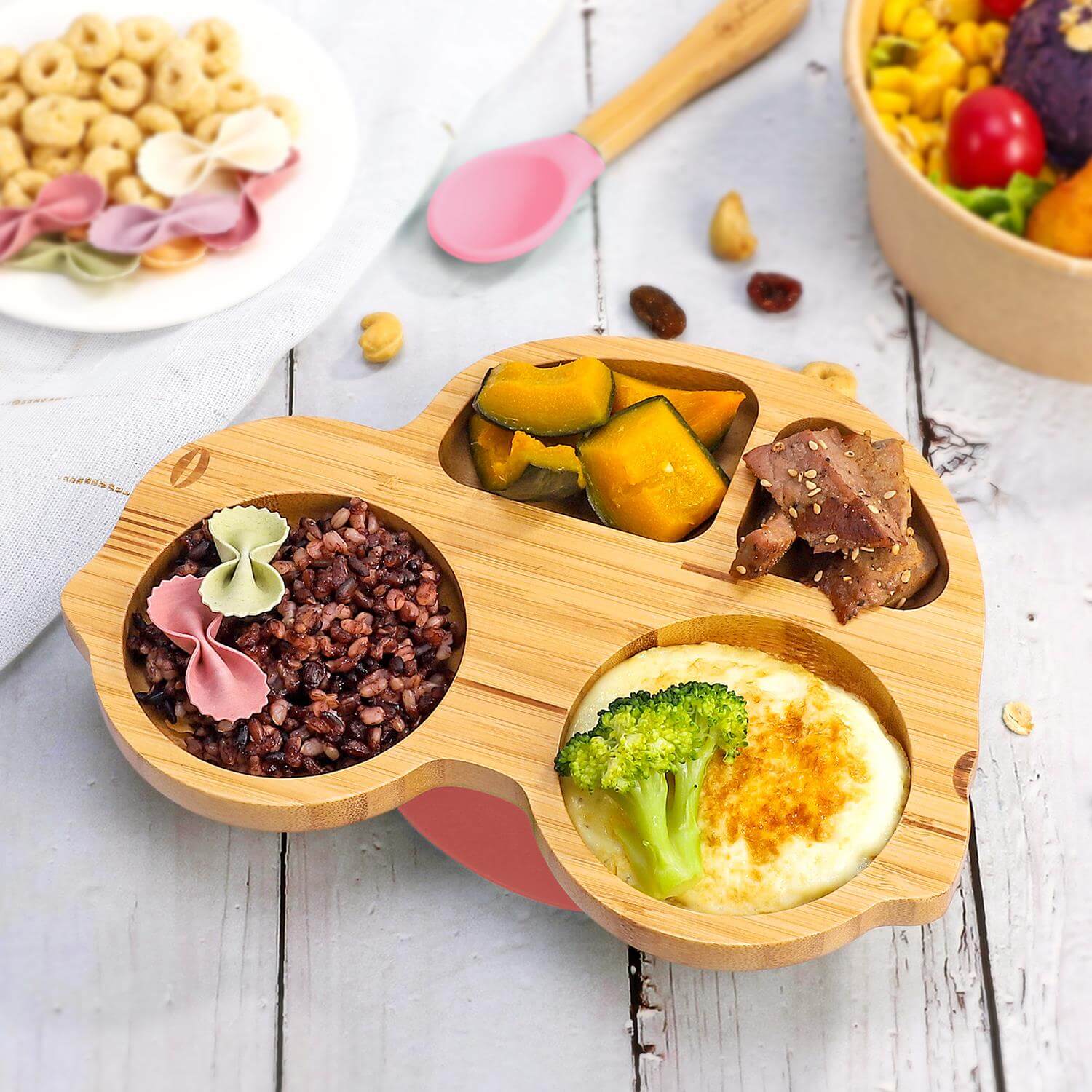 Vinsani Bamboo 4-section plate with healthy food, non-slip base, and colorful spoons for kids and toddlers.
