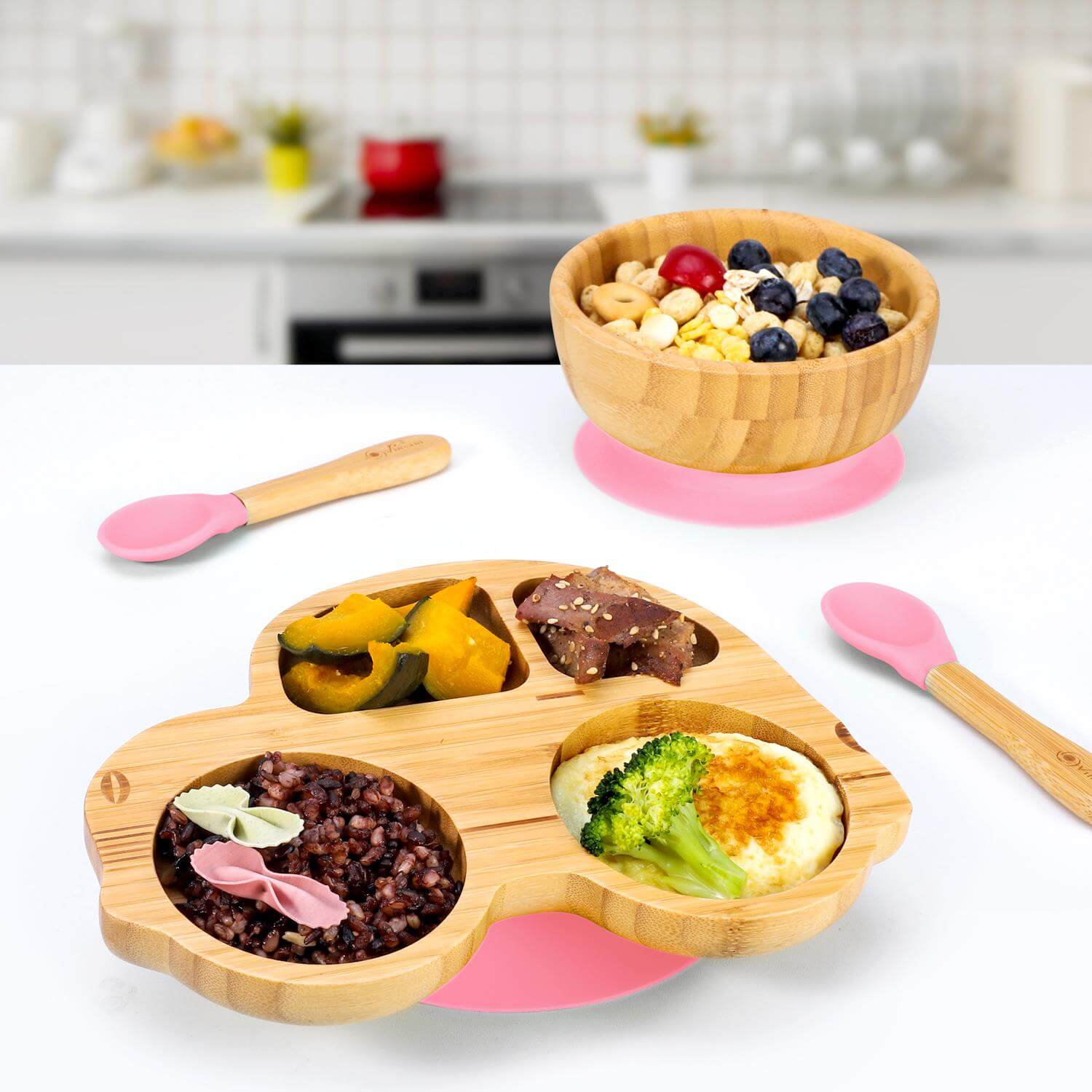 Vinsani natural bamboo kids plate set with bowl and spoons, featuring non-slip base and colorful compartments for easy meal serving.