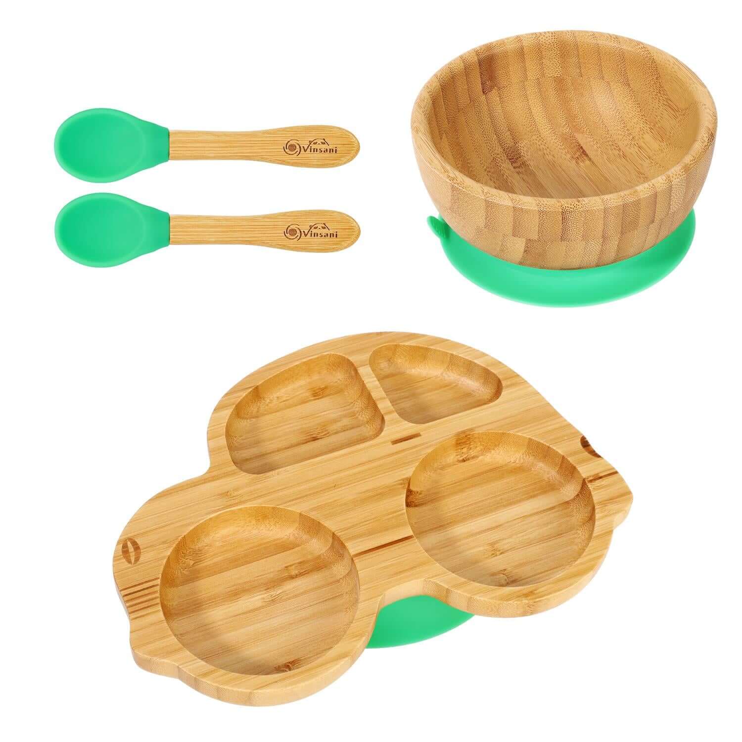 Vinsani natural bamboo car plate, bowl, and two spoons with non-slip base for kids and toddlers. Easy to clean and durable.