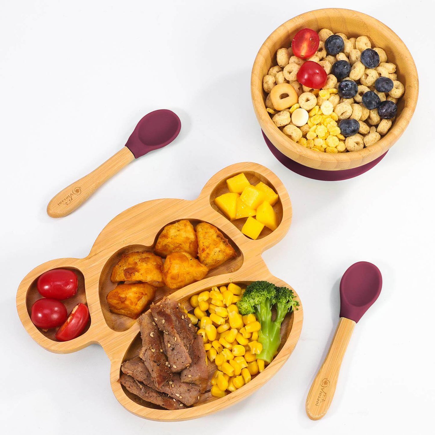 Vinsani natural bamboo monkey plate and bowl set with colorful food, non-slip base, and two spoons for kids’ meals.