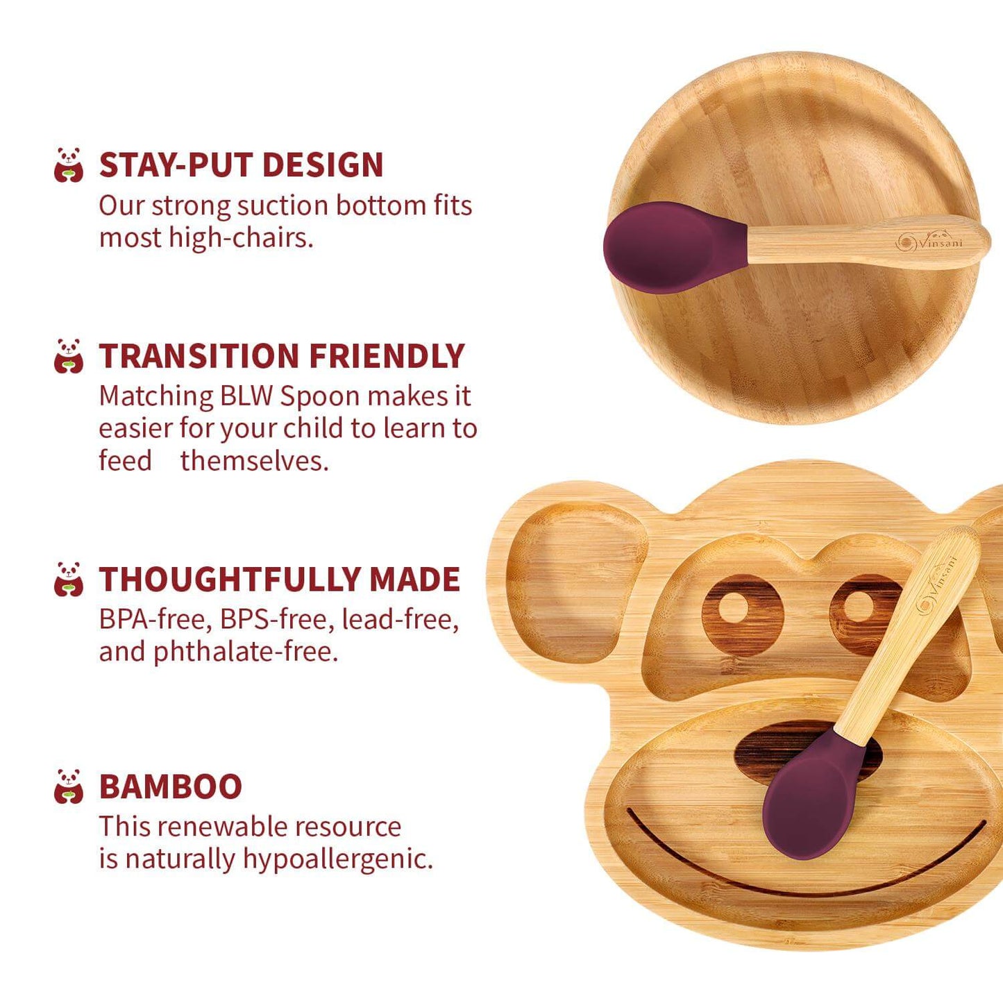 Vinsani Bamboo Monkey Plate and Bowl with spoon, featuring suction design and hypoallergenic bamboo for kids.