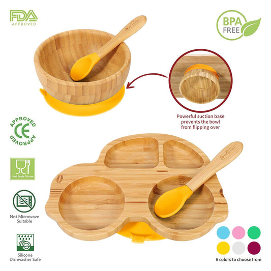 Vinsani Bamboo Car Plate and Bowl set with 2 spoons, featuring suction base, BPA free, easy to clean, for kids and toddlers.