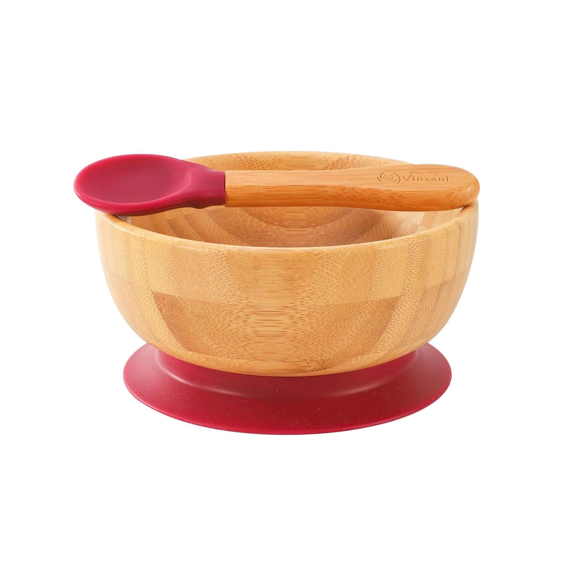 Vinsani bamboo bowl and spoon set with silicone suction base, eco-friendly and sustainable kids mealtime solution.
