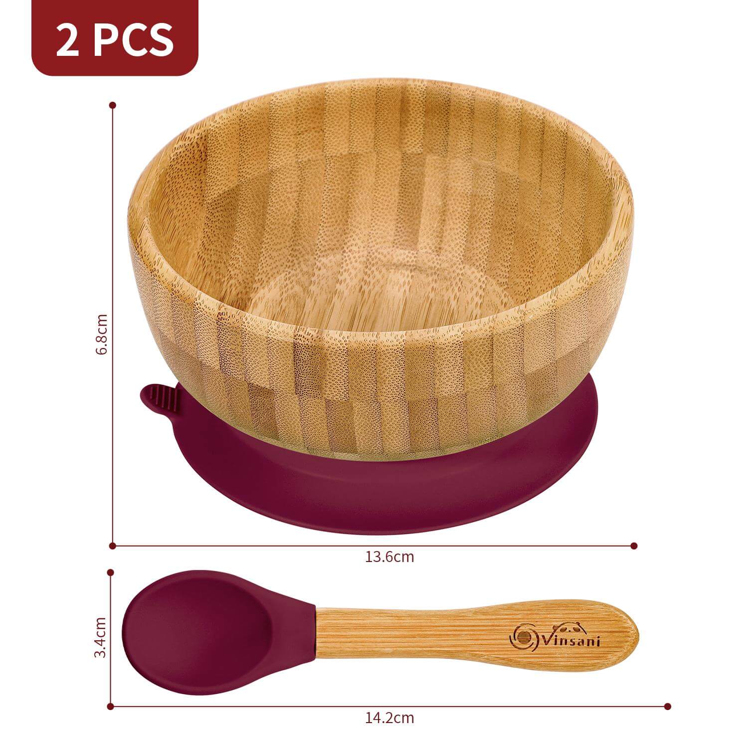 Vinsani bamboo bowl and spoon set featuring a non-slip suction base for kids. Eco-friendly and safe for mealtimes.