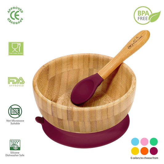 Vinsani bamboo bowl and spoon set, eco-friendly kids mealtime essentials with suction base, BPA-free, dishwasher safe.