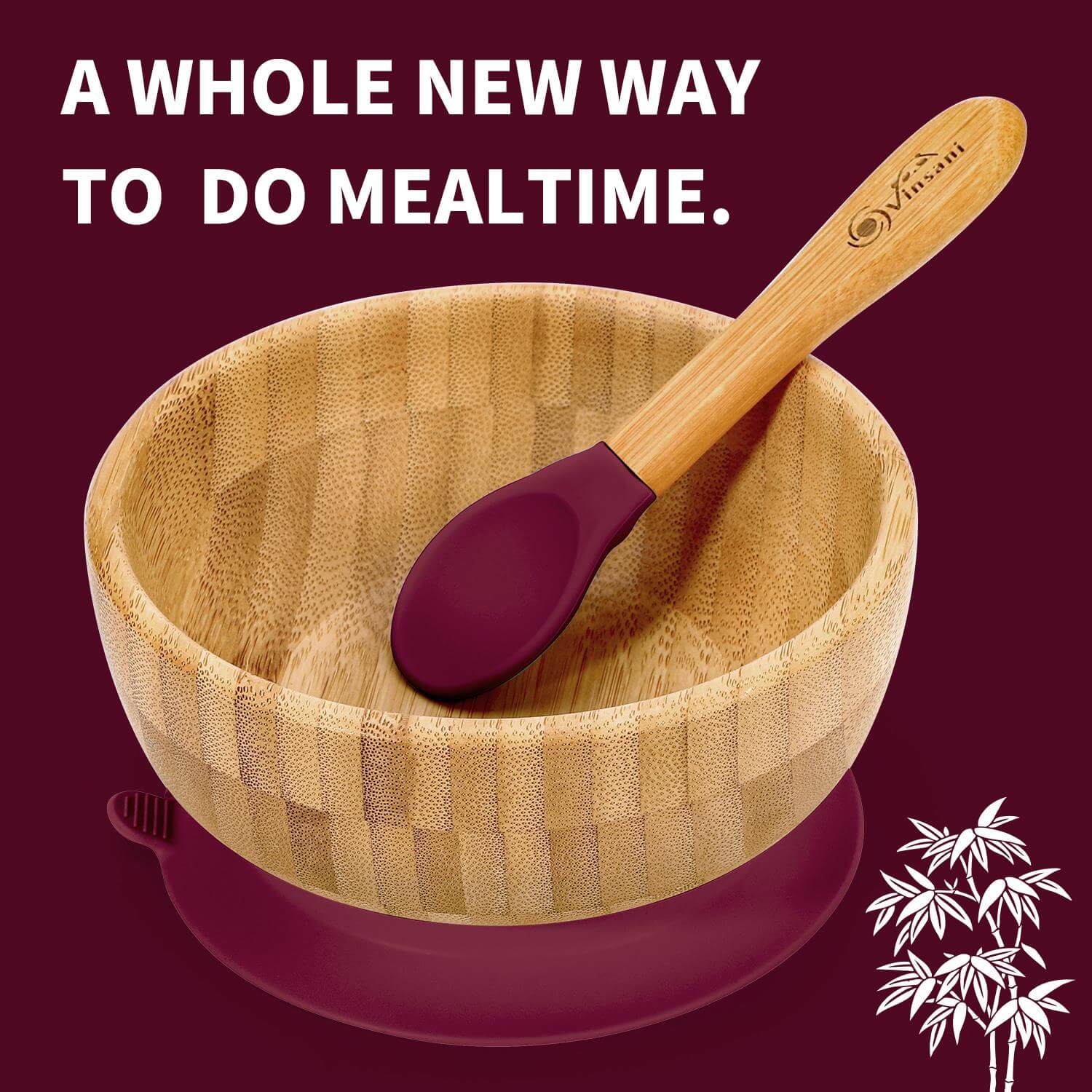 Vinsani bamboo bowl and spoon set, eco-friendly sustainable choices for kids' mealtimes with powerful suction base.