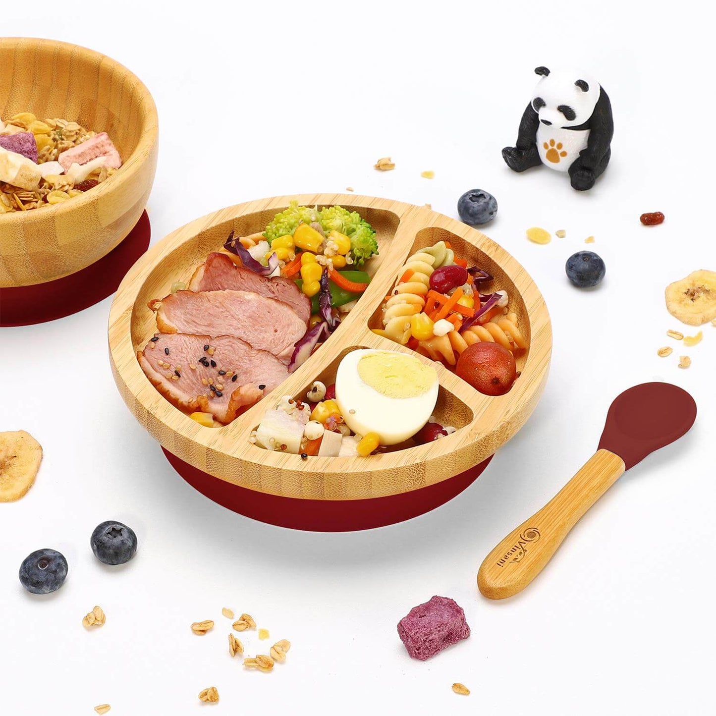 Vinsani bamboo bowl set with healthy meals, featuring a fun design and non-slip base for kids and toddlers.