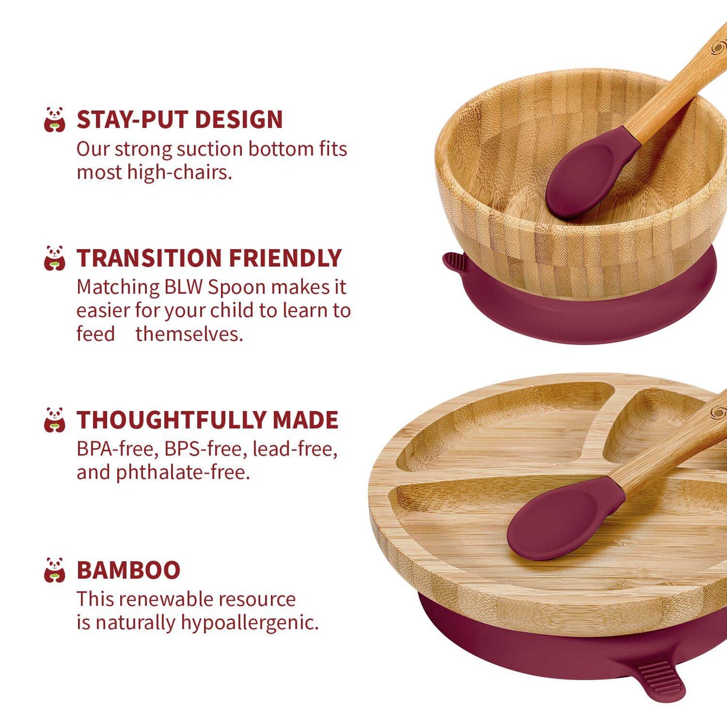 Vinsani bamboo bowl and spoon set with suction base, BPA-free, hypoallergenic, and easy to clean for kids.