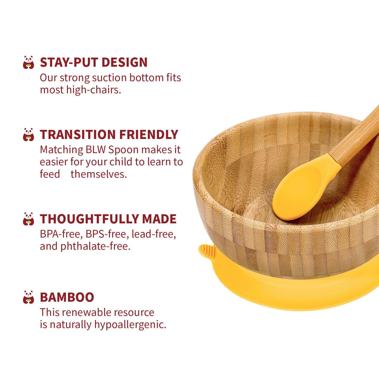Vinsani bamboo bowl and spoon set with suction base, eco-friendly, BPA-free, perfect for kids' mealtimes.