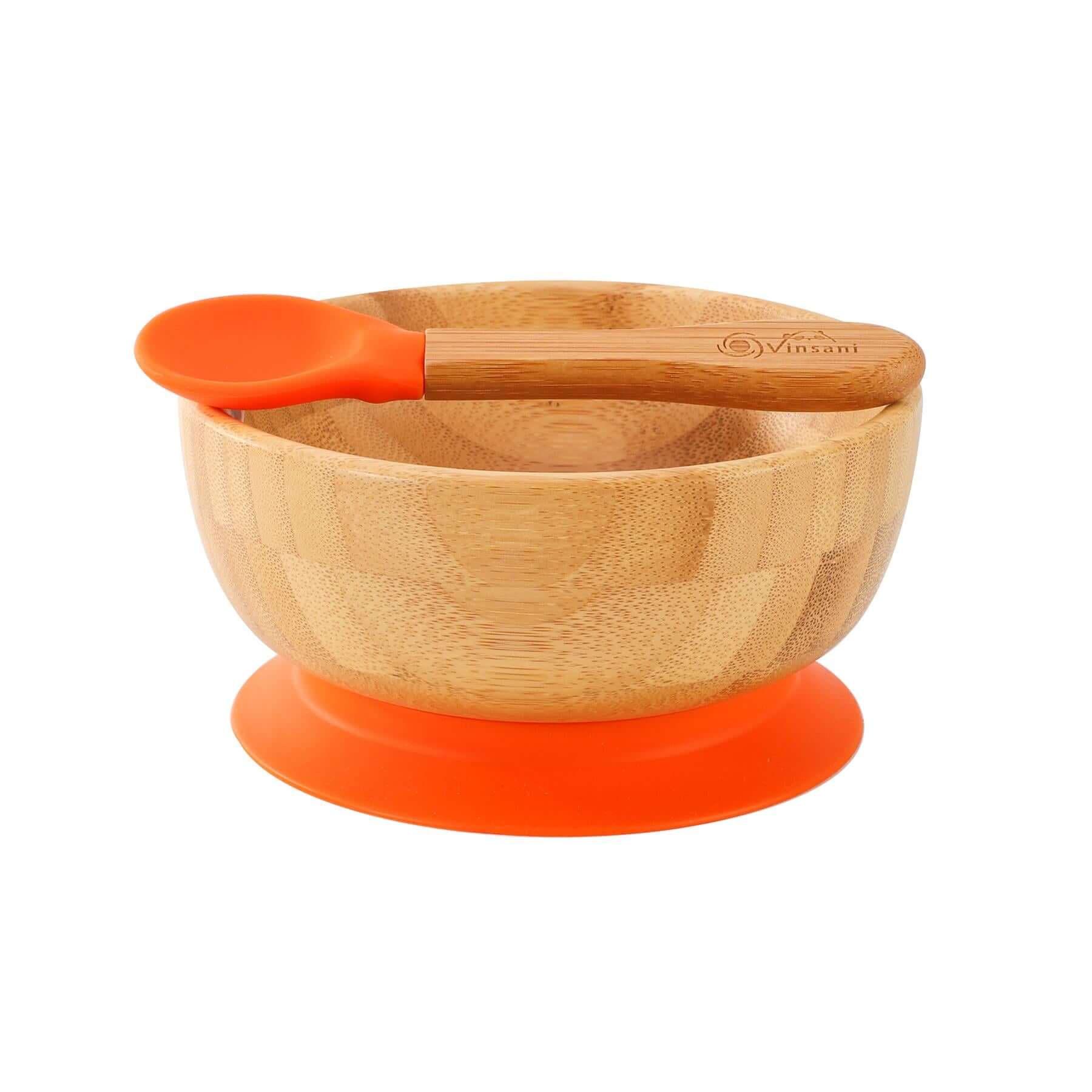 Vinsani bamboo bowl and spoon set with orange silicone suction base, eco-friendly for kids' mealtimes.