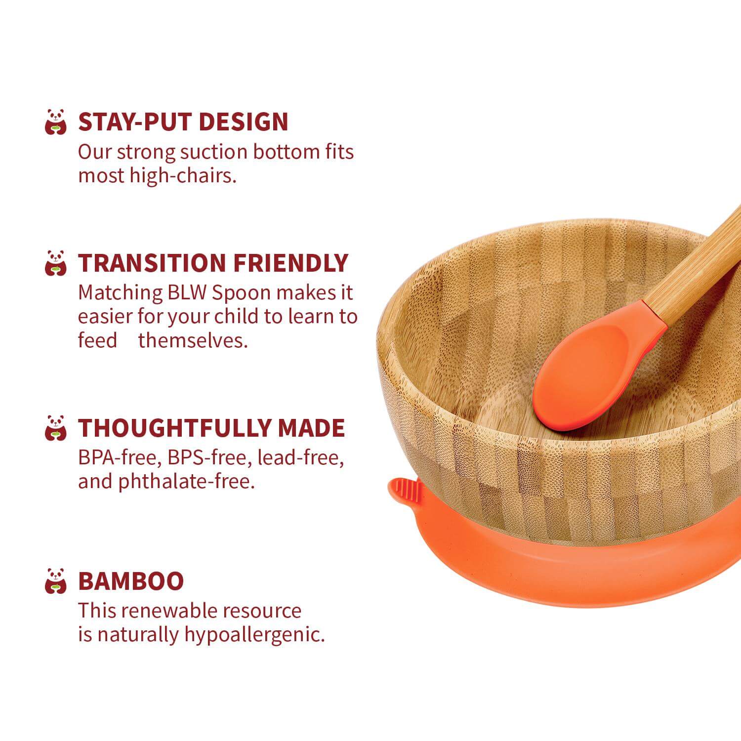 Vinsani bamboo bowl and spoon set showcasing stay-put design, BPA-free materials, and eco-friendly bamboo for kids.