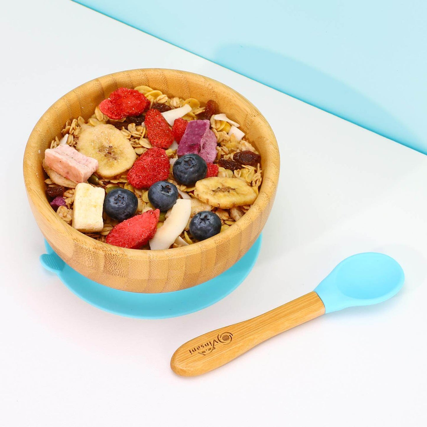 Vinsani bamboo bowl & spoon set with fruit and granola, eco-friendly kids mealware for enjoyable mealtimes.
