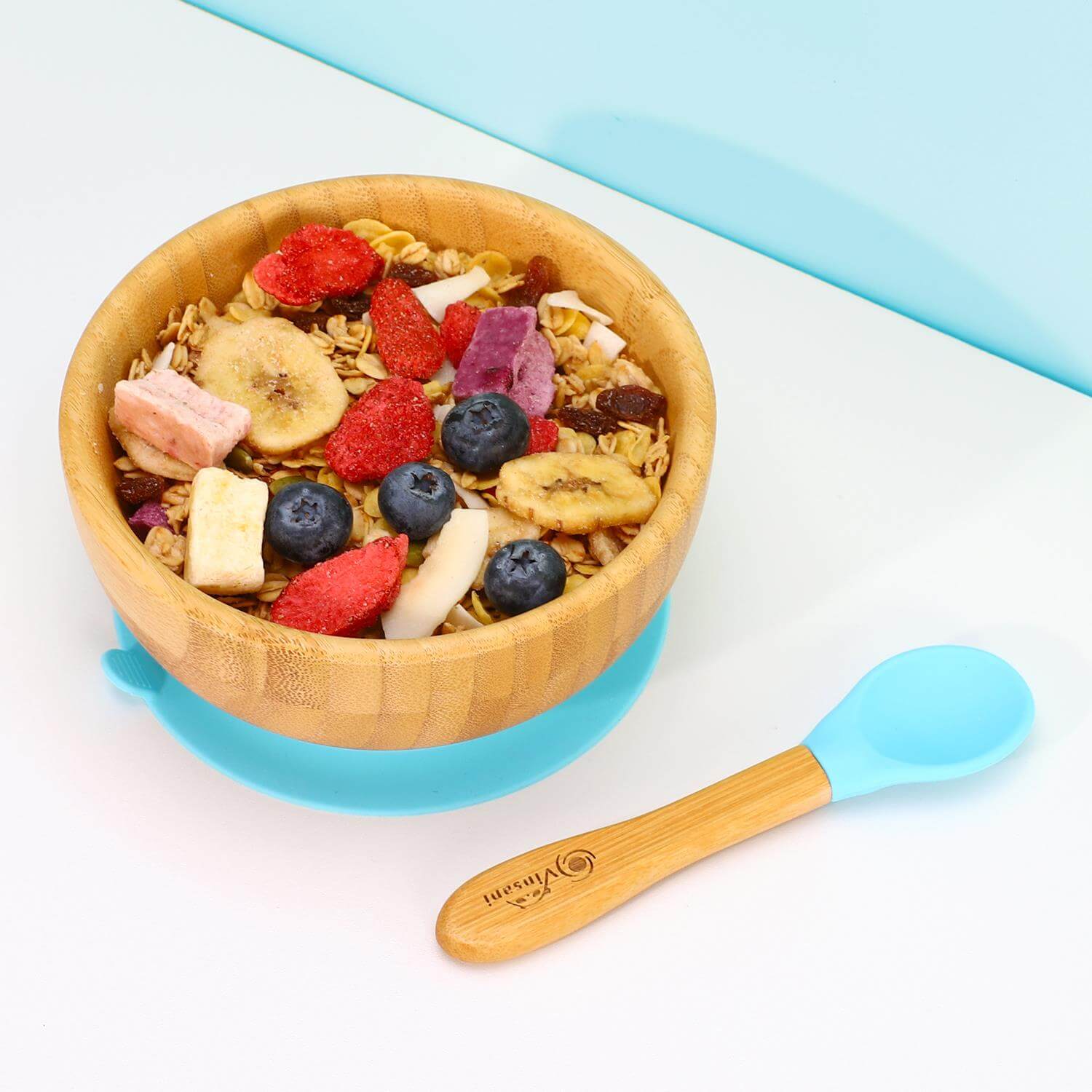 Vinsani bamboo bowl & spoon set with fruit and granola, eco-friendly kids mealware for enjoyable mealtimes.