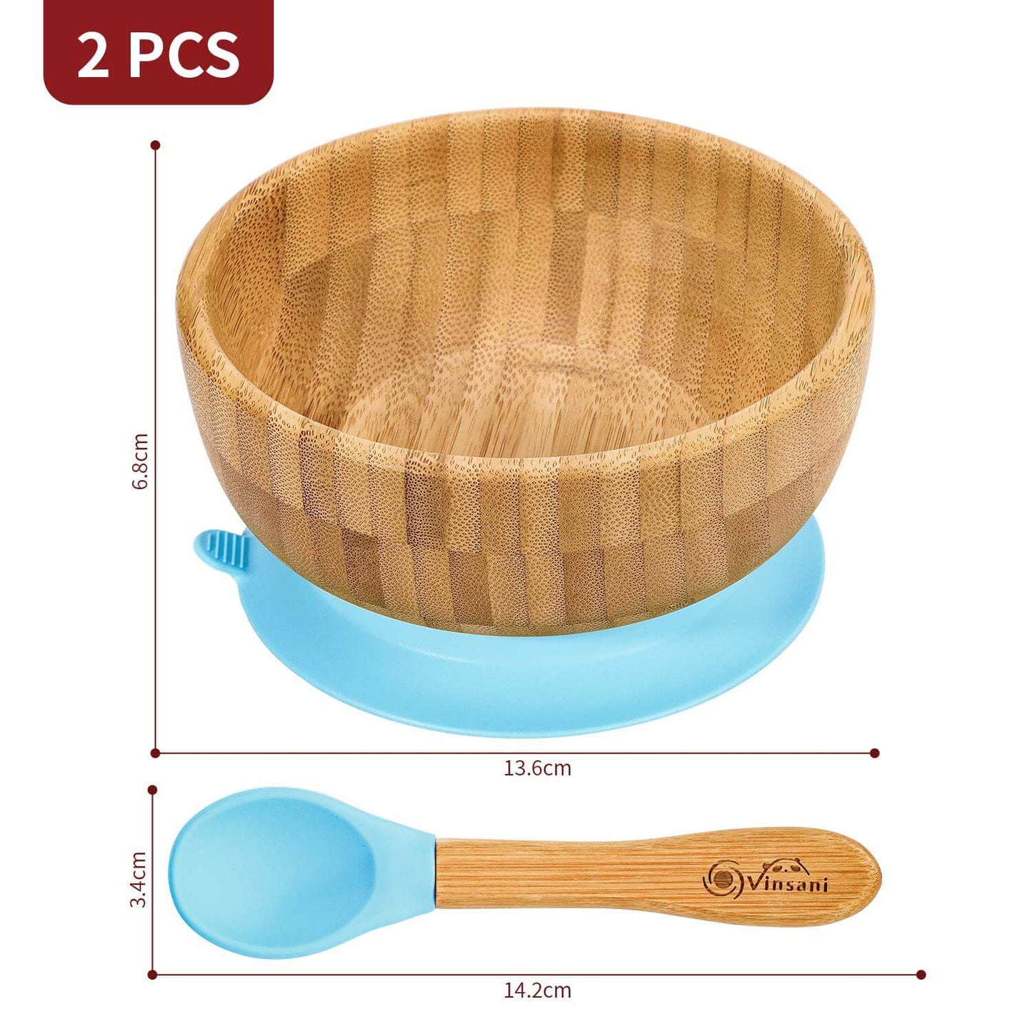 Vinsani bamboo bowl and spoon set for kids, eco-friendly, hypoallergenic with silicone suction base.