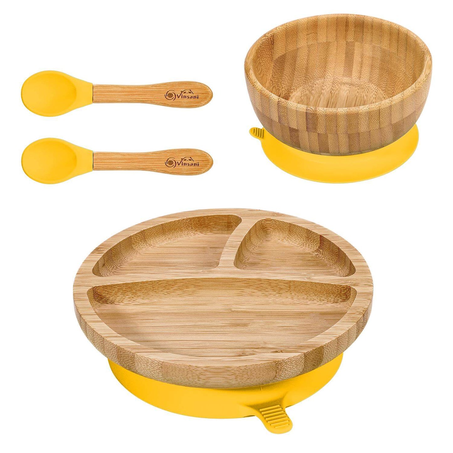 Vinsani natural bamboo kids' bowl and plate set with non-slip base, includes fun yellow silicone spoons for easy cleanup.