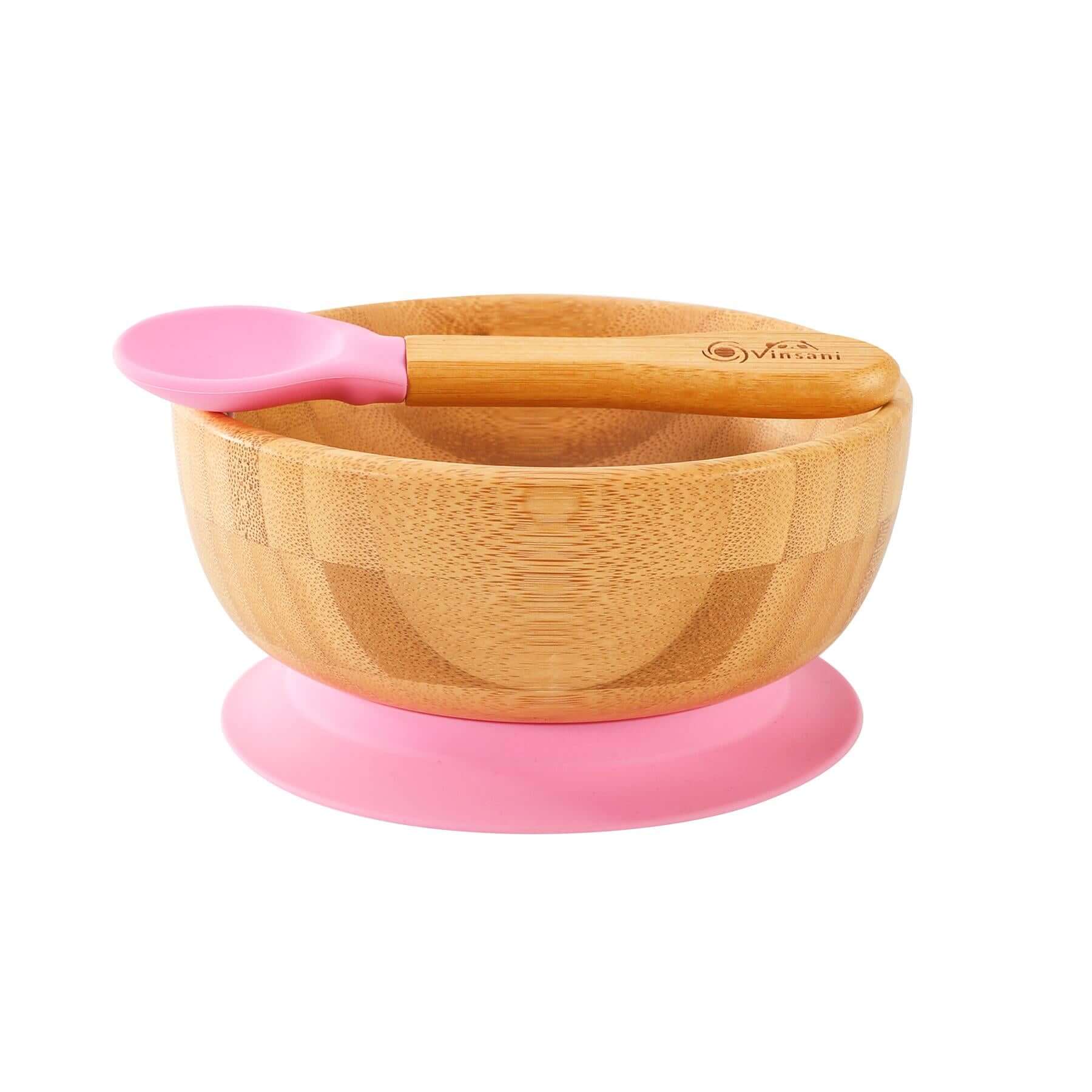Vinsani bamboo bowl and spoon set with silicone suction base, eco-friendly and sustainable kids mealtime solution.