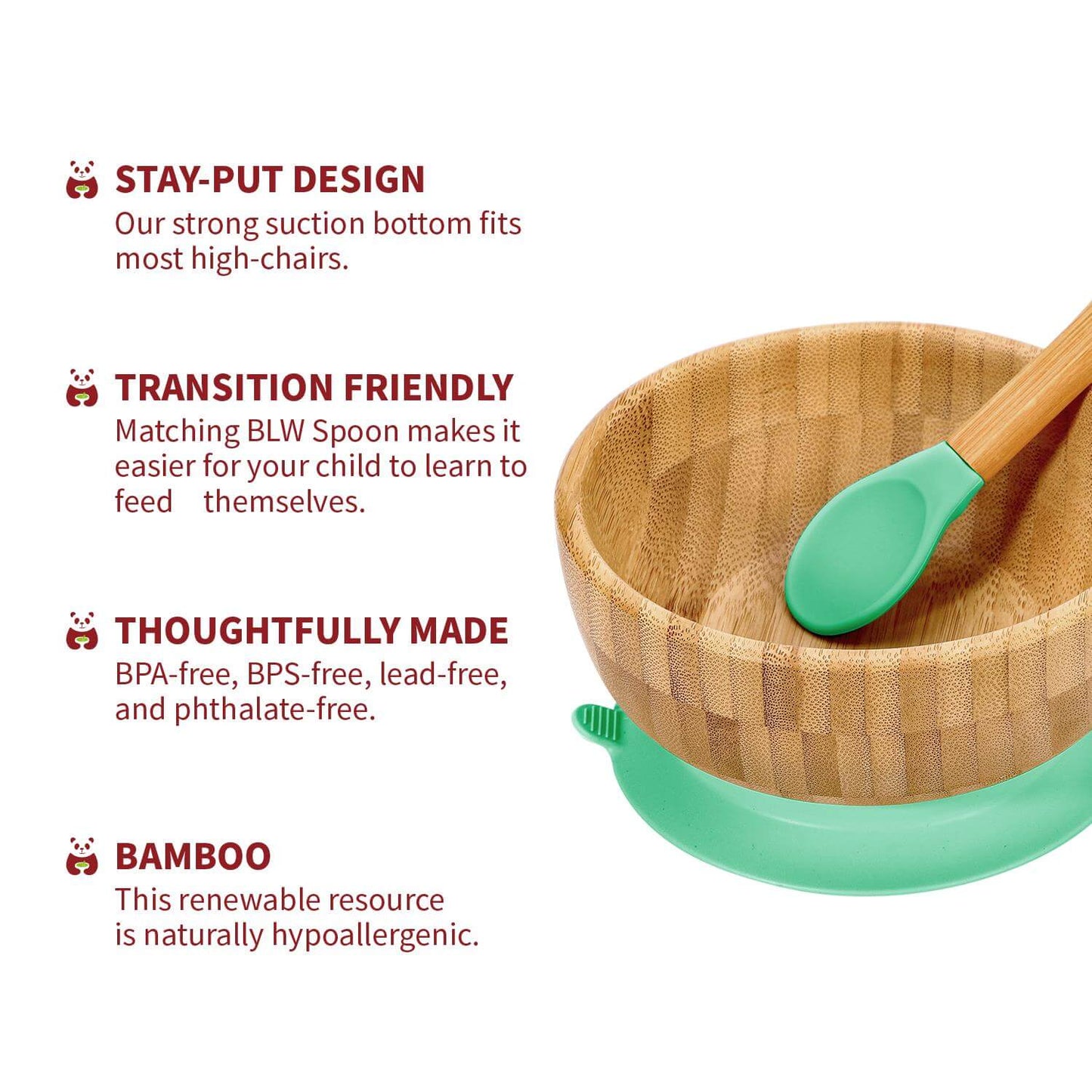 Vinsani bamboo bowl and spoon set with suction base, ecofriendly and BPA-free for kids' mealtimes.