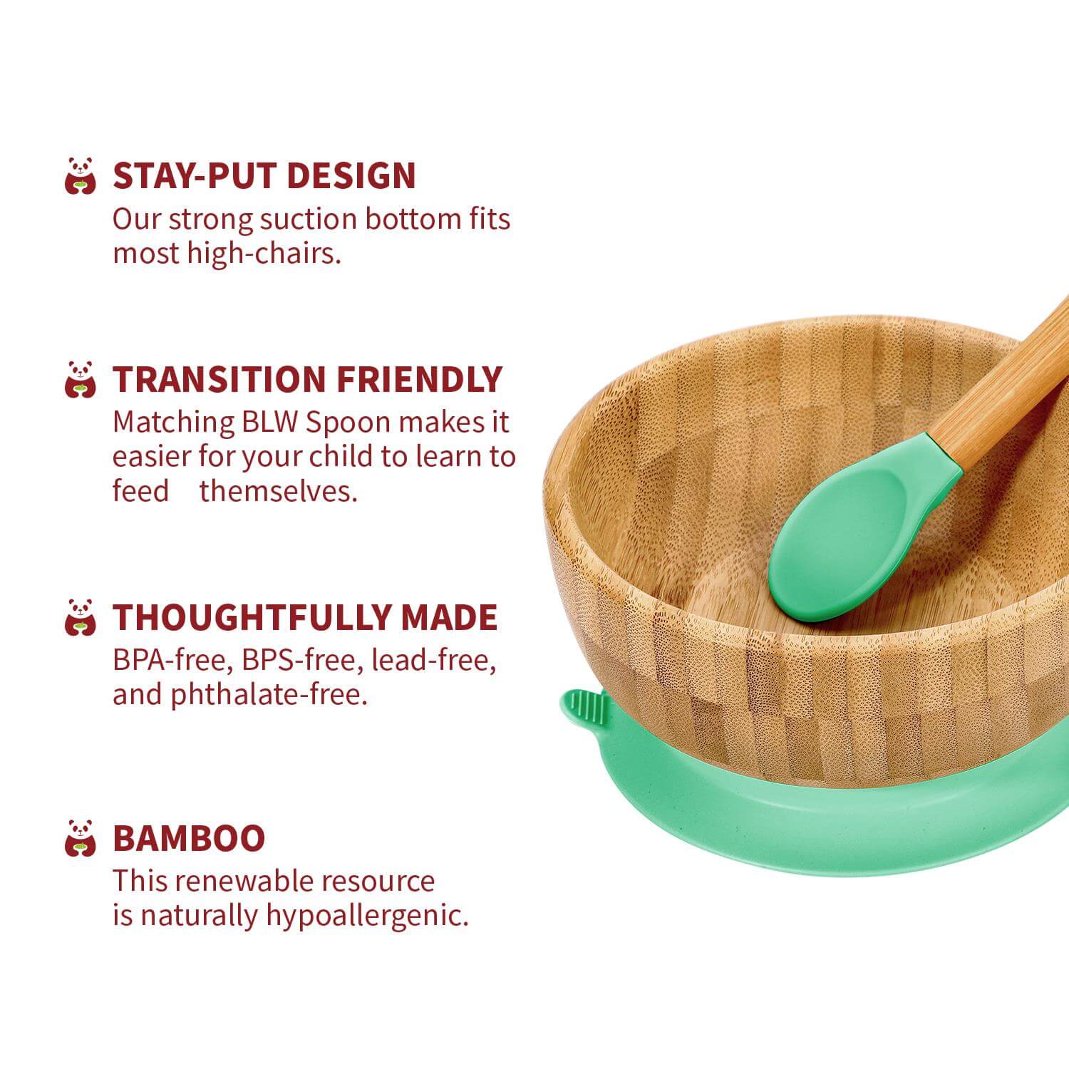 Vinsani bamboo bowl and spoon set with suction base, ecofriendly and BPA-free for kids' mealtimes.