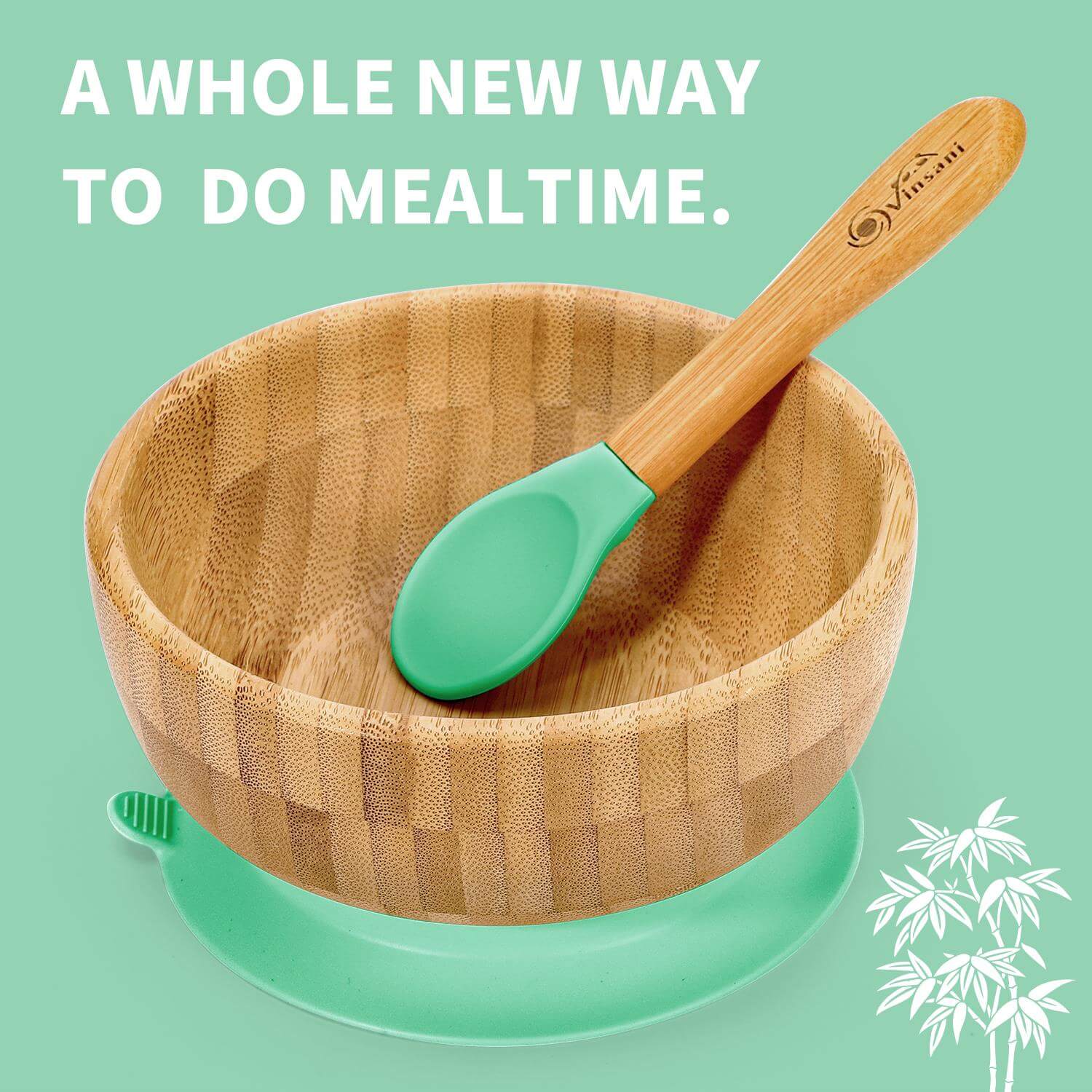 Vinsani bamboo bowl and spoon set, eco-friendly kids mealtime solution with suction base.