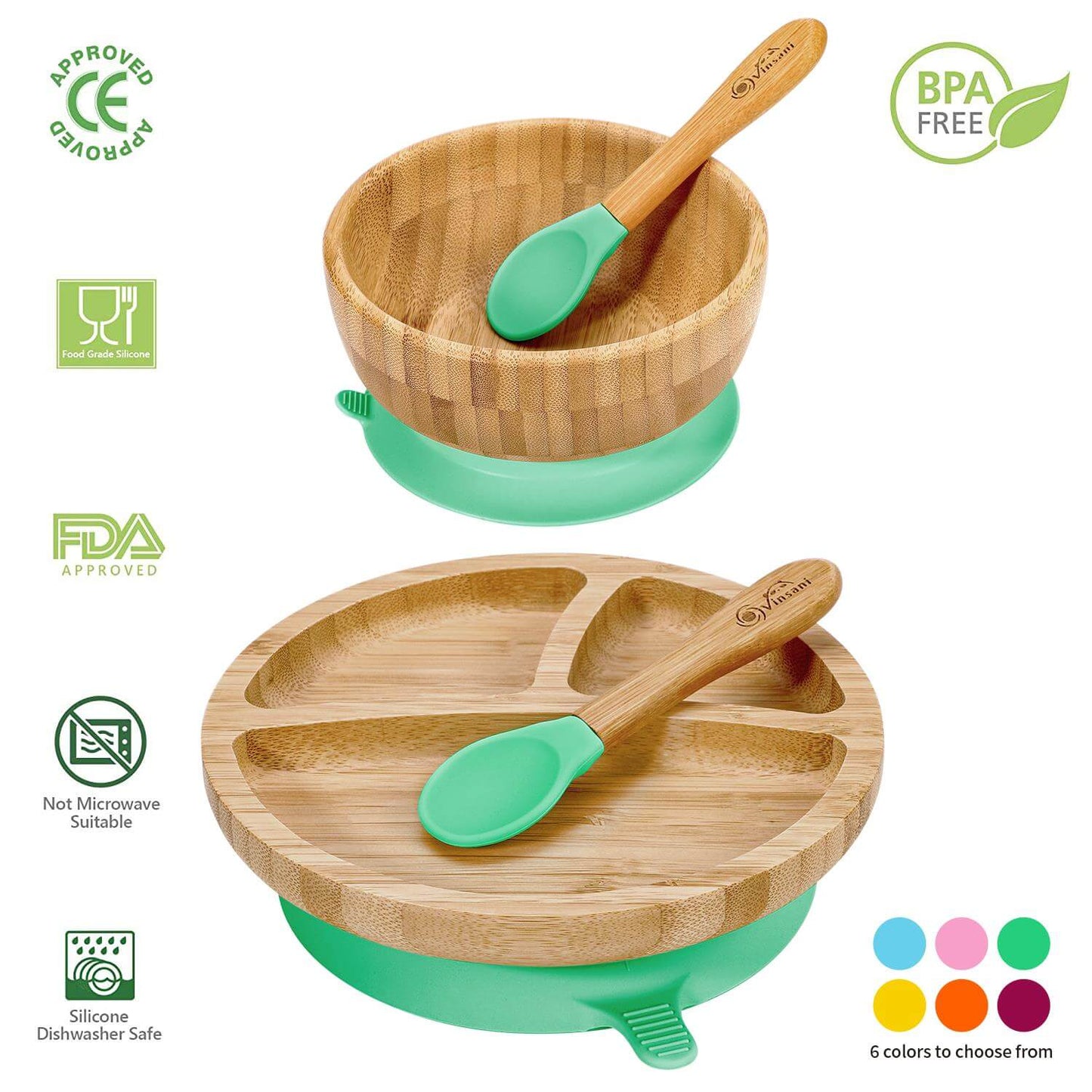 Vinsani natural bamboo kids bowl and plate set with silicone suction base, easy clean, and BPA-free design in six colors.