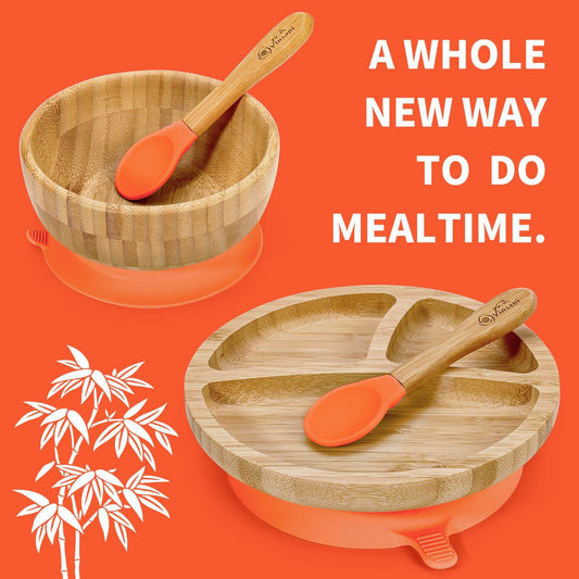 Vinsani bamboo bowl and plate set with silicone suction base and wooden spoon for kids, promoting easy and safe mealtime.
