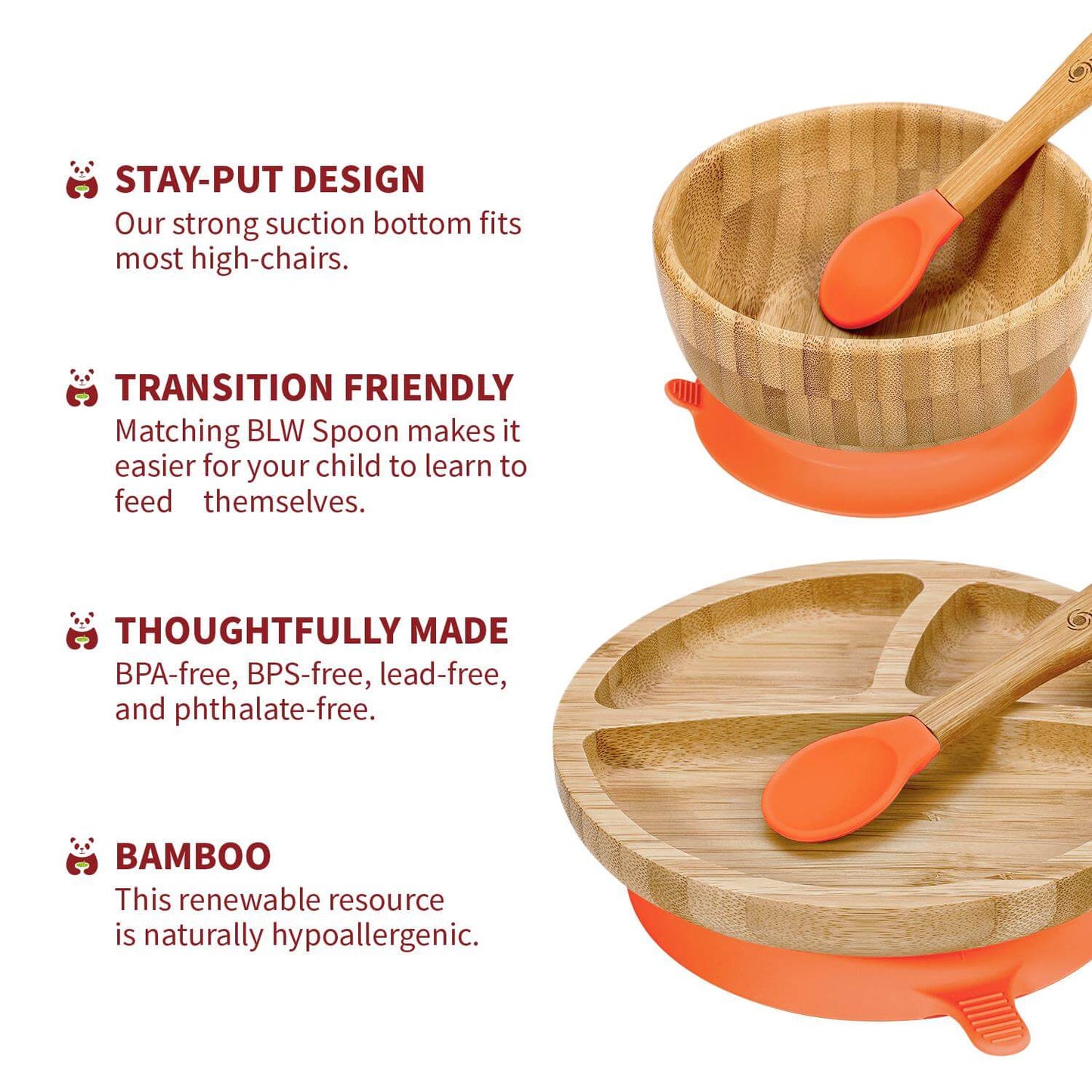 Vinsani bamboo bowl and spoon set with non-slip base, perfect for toddlers and kids, hypoallergenic and easy to clean.