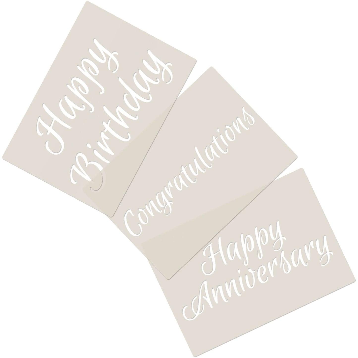 Celebration Script Message Set 1,Happy Birthday, Happy Anniversary & Congratulations, A6 Craft & Cake Decorating Stencil, Reusable Mylar for Cakes, Cards, & Crafts
