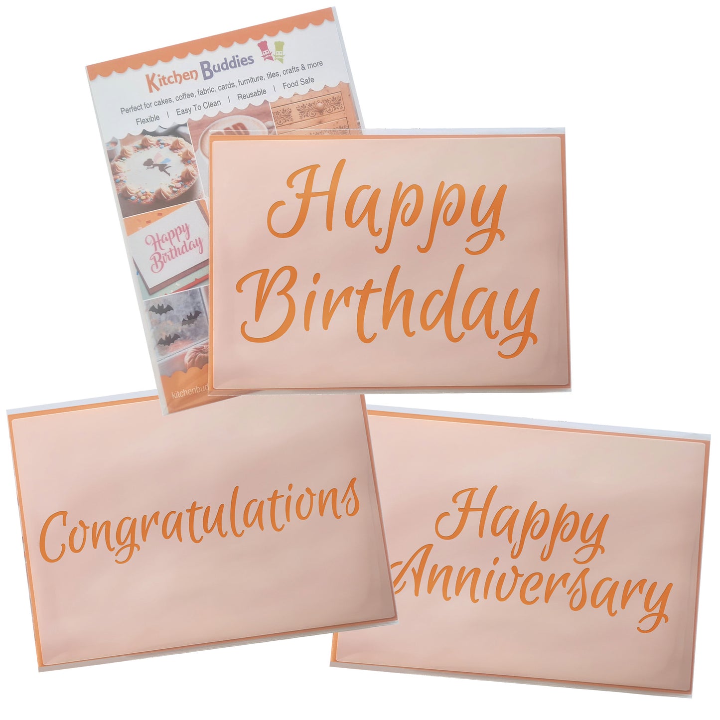 Celebration Script Message Set 1,Happy Birthday, Happy Anniversary & Congratulations, A6 Craft & Cake Decorating Stencil, Reusable Mylar for Cakes, Cards, & Crafts